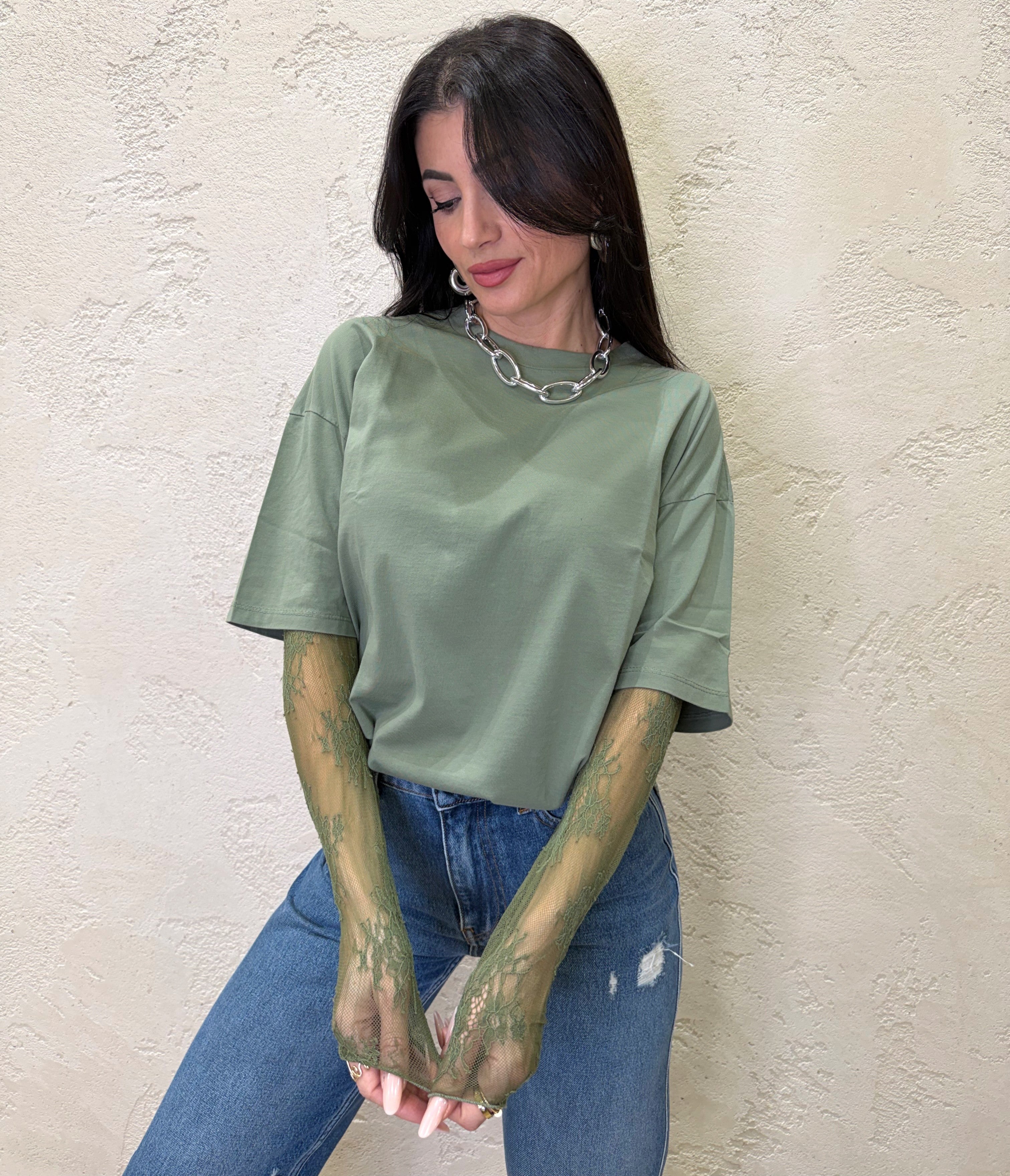 t-shirt con maniche in pizzo 11073 VERDE SALVIA SUSY MIX