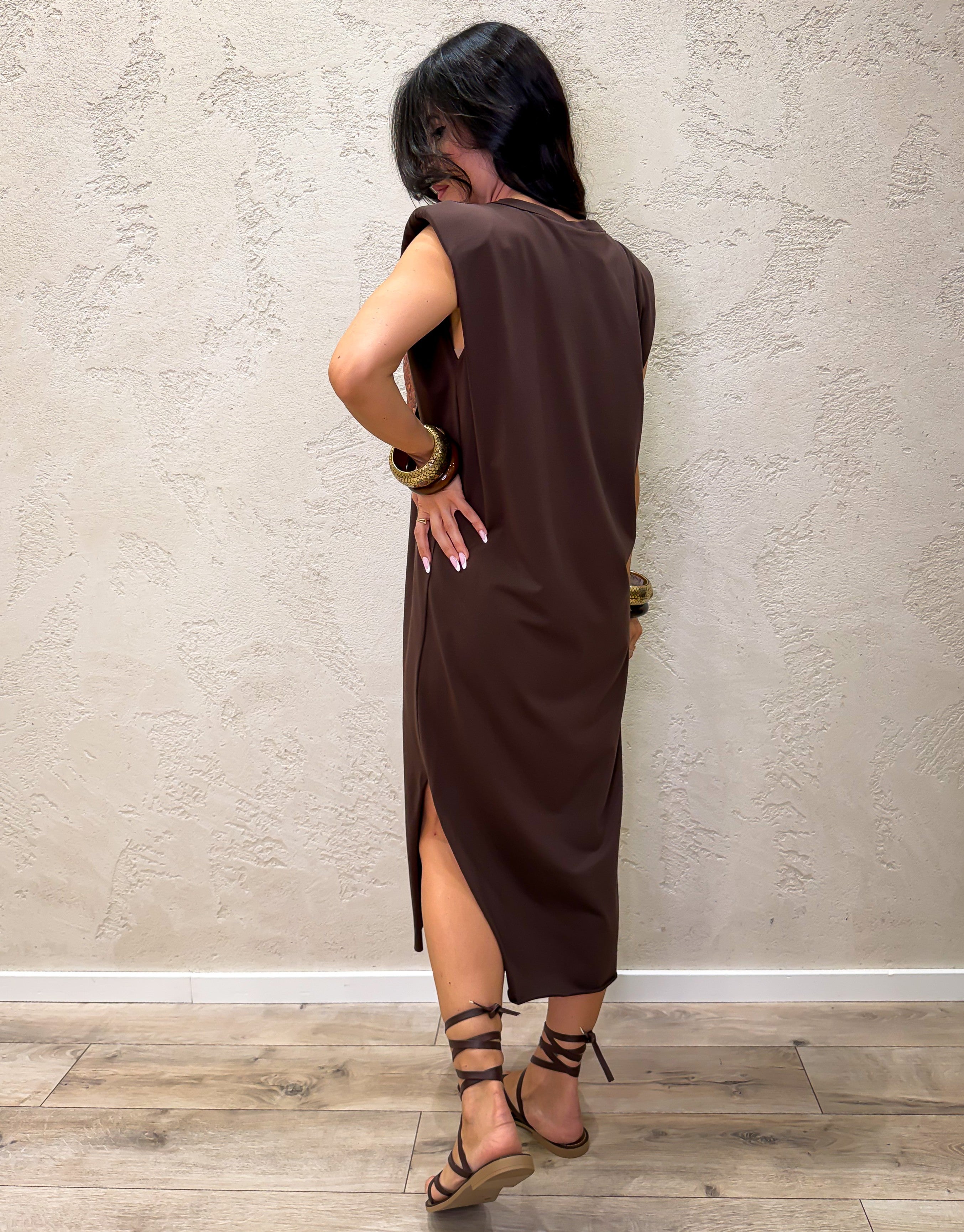 abito midi in cotone elasticizzato tasca pailettes e spalline rinforzate 12251 MORO SUSY MIX