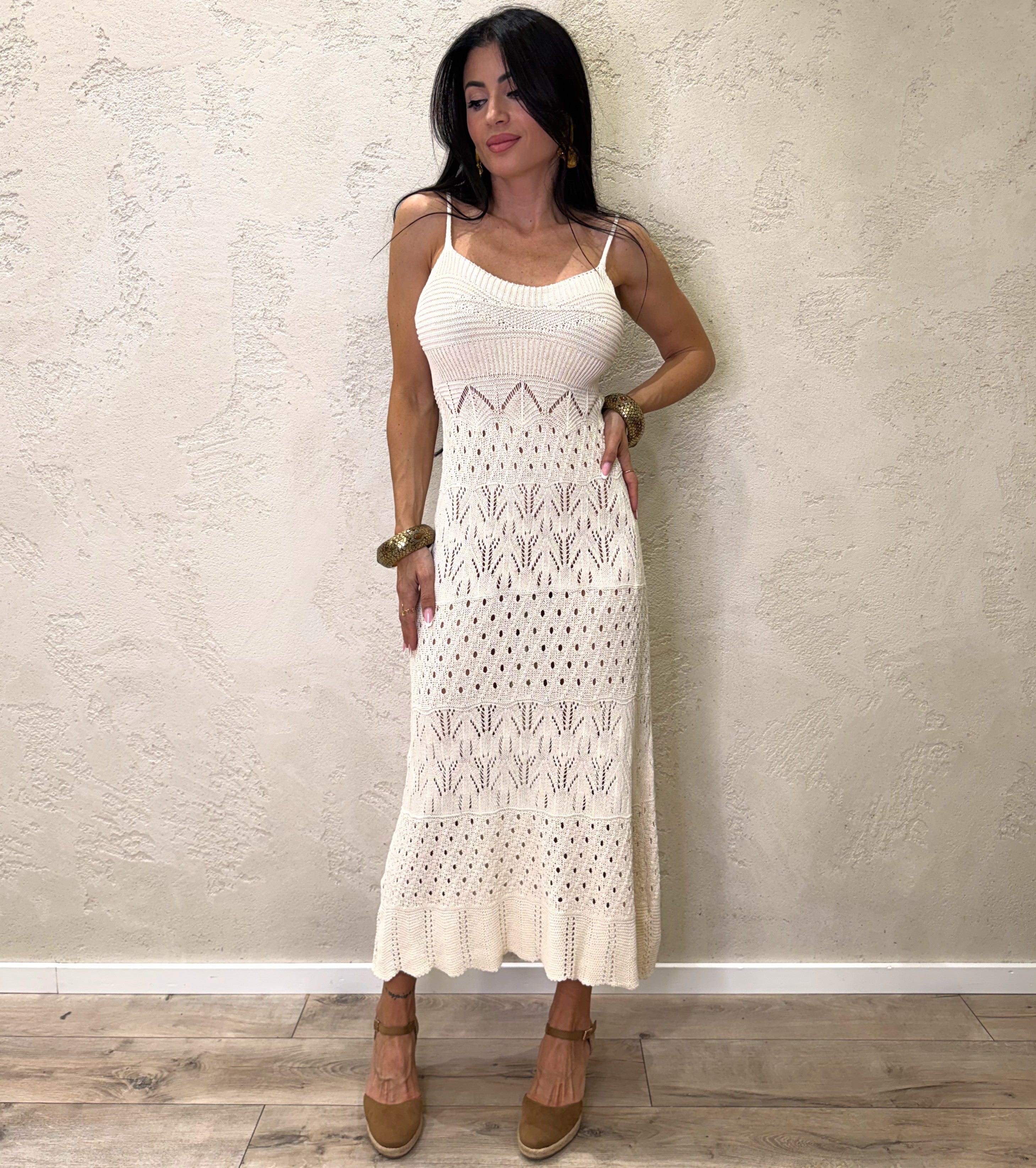 abito lungo crochet 25285 CREMA SUSY MIX
