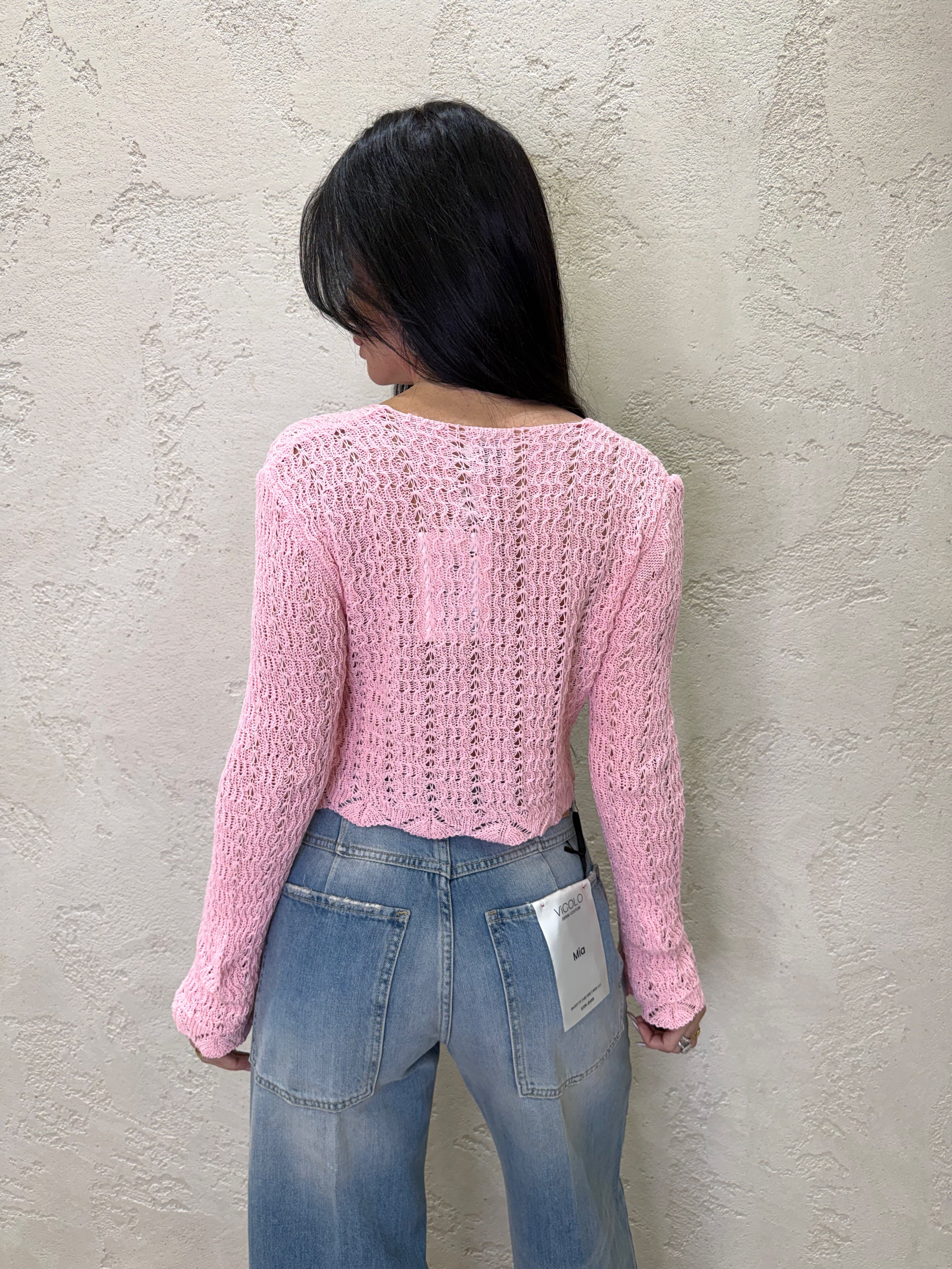 cardigan corto in maglia traforata con lacci frontali 26172 ROSA SUSY MIX
