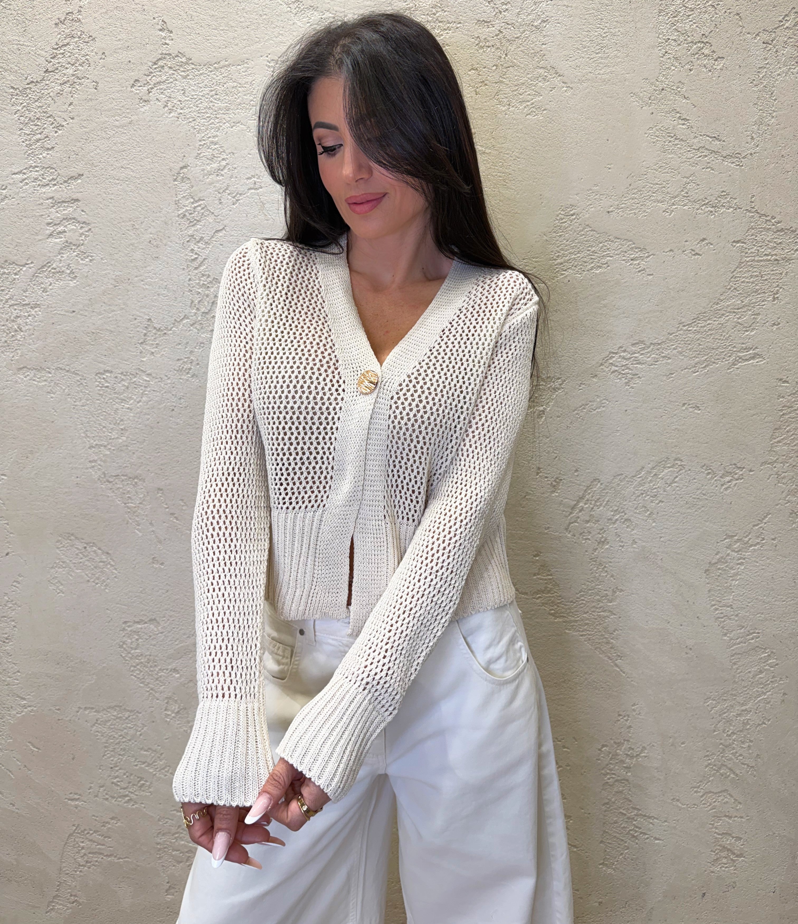 cardigan in maglia traforato con bottone singolo 26216 LATTE SUSY MIX