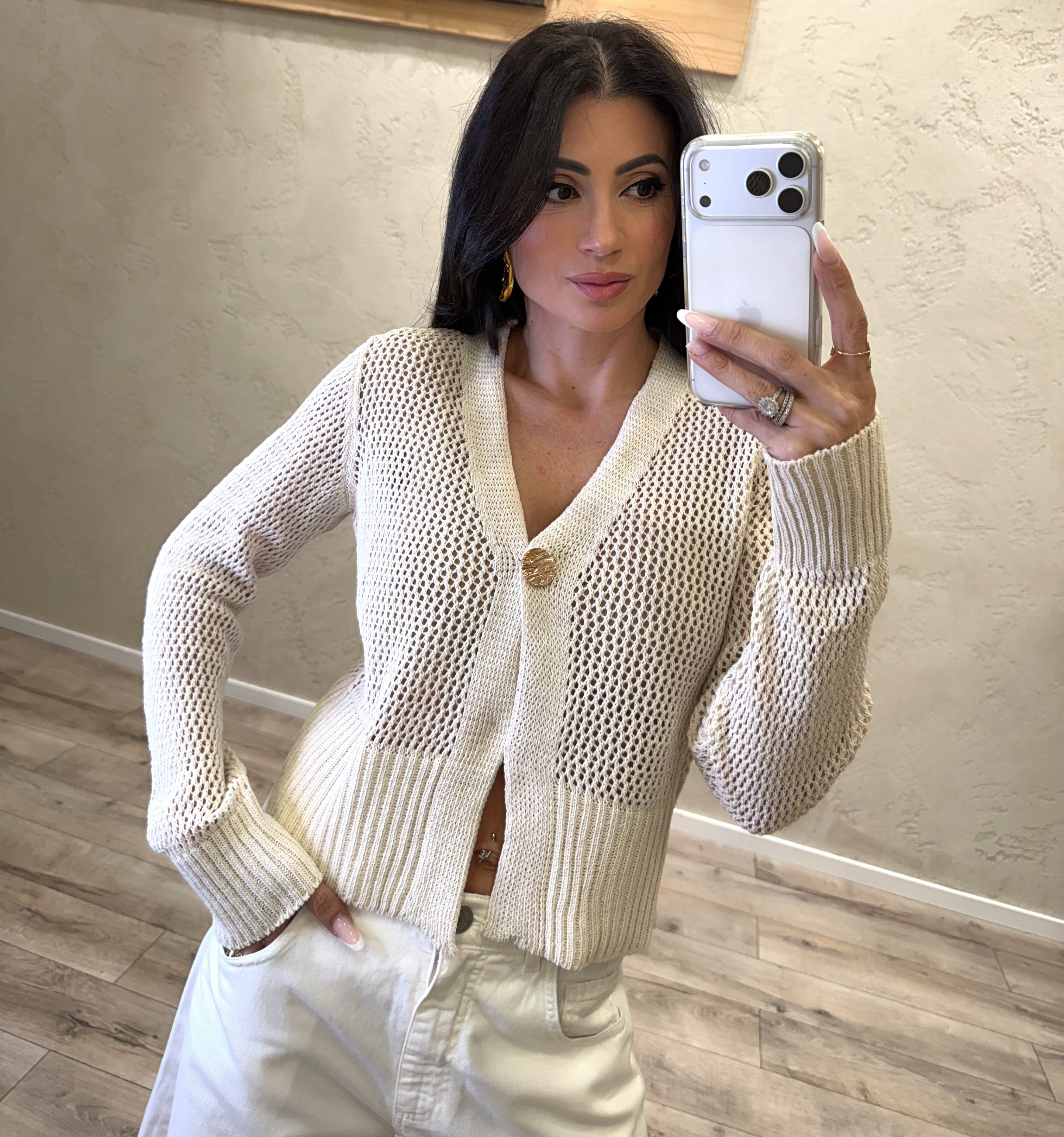cardigan in maglia traforato con bottone singolo 26216 LATTE SUSY MIX