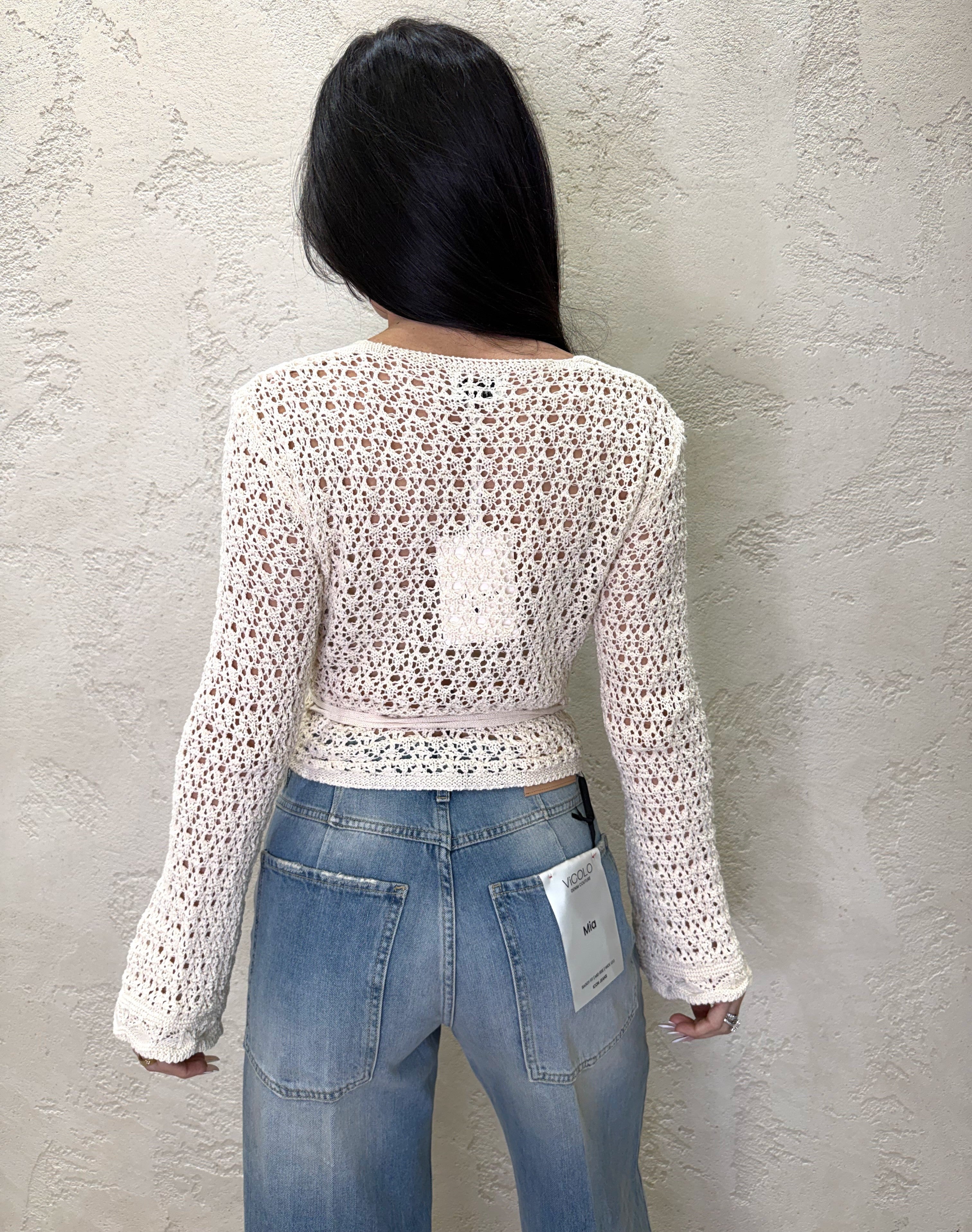 cardigan incrociato in maglia traforata con lacci 26218 LATTE SUSY MIX