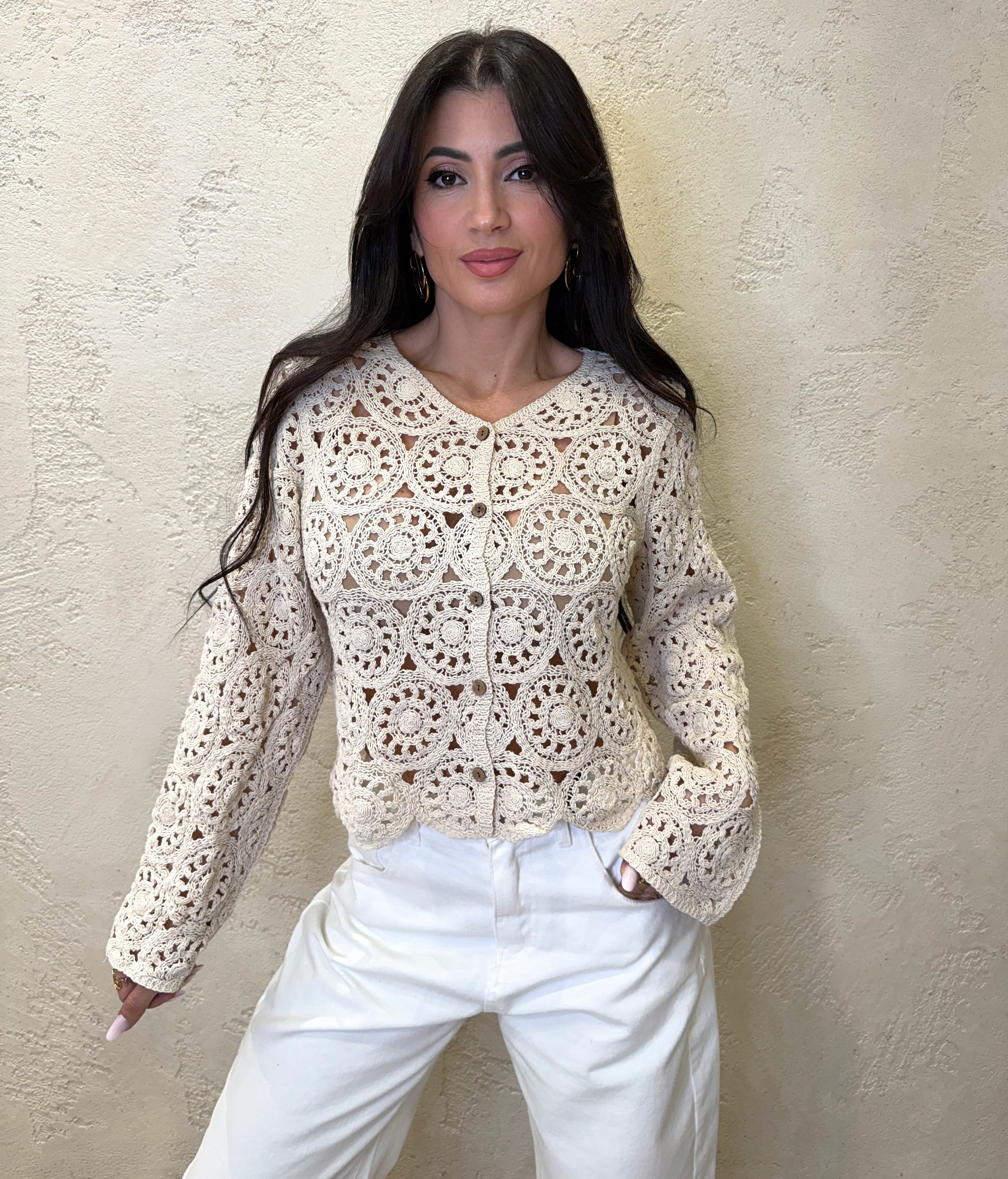 cardigan in crochet con bottoni in legno 2628005 LATTE SUSY MIX