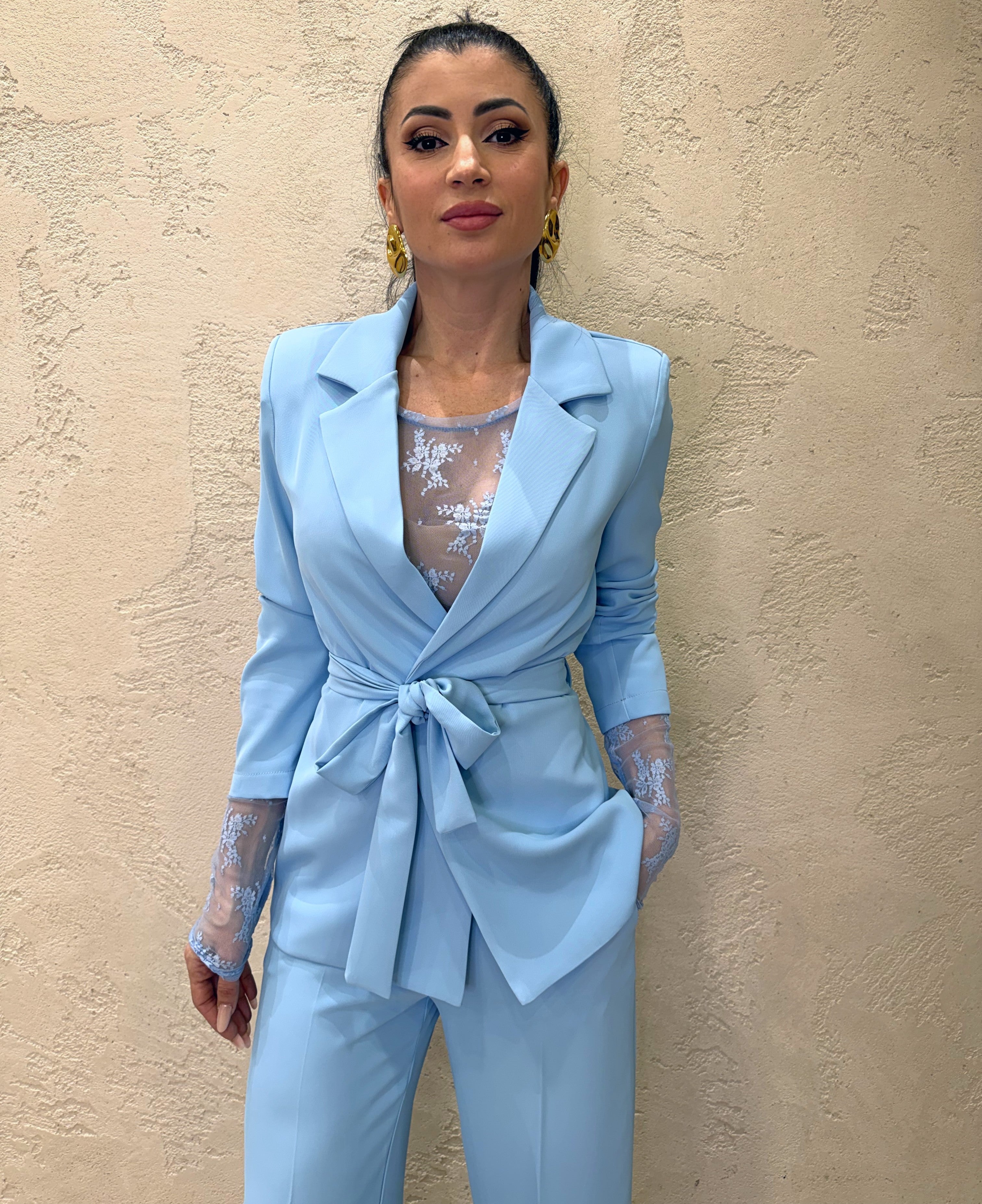 completo blazer con cintura e pantalone tessuto fluido 303211 CELESTE SUSY MIX