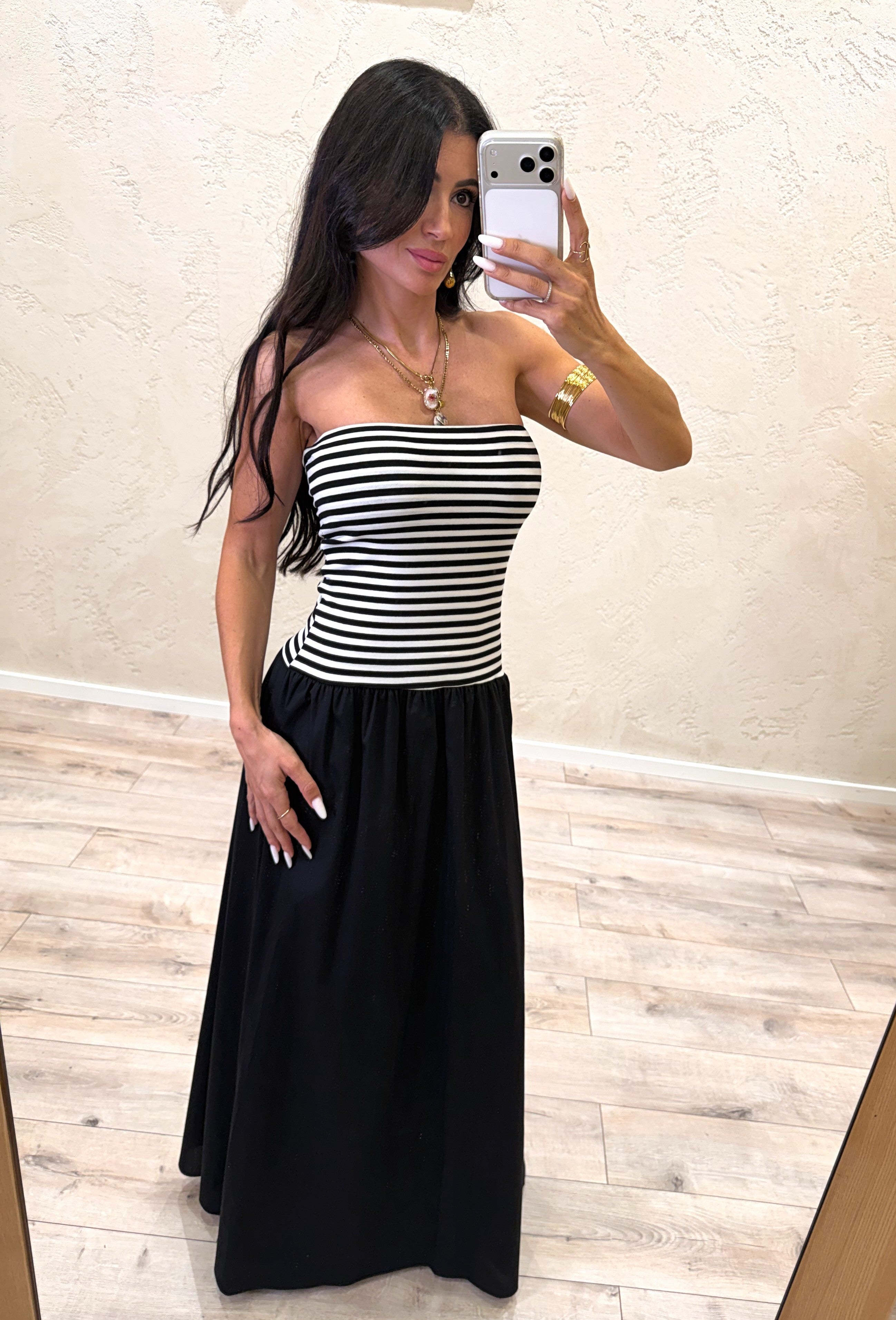 abito lungo scollo dritto in doppio tessuto frantasia a righe B05206 NERO SUSY MIX