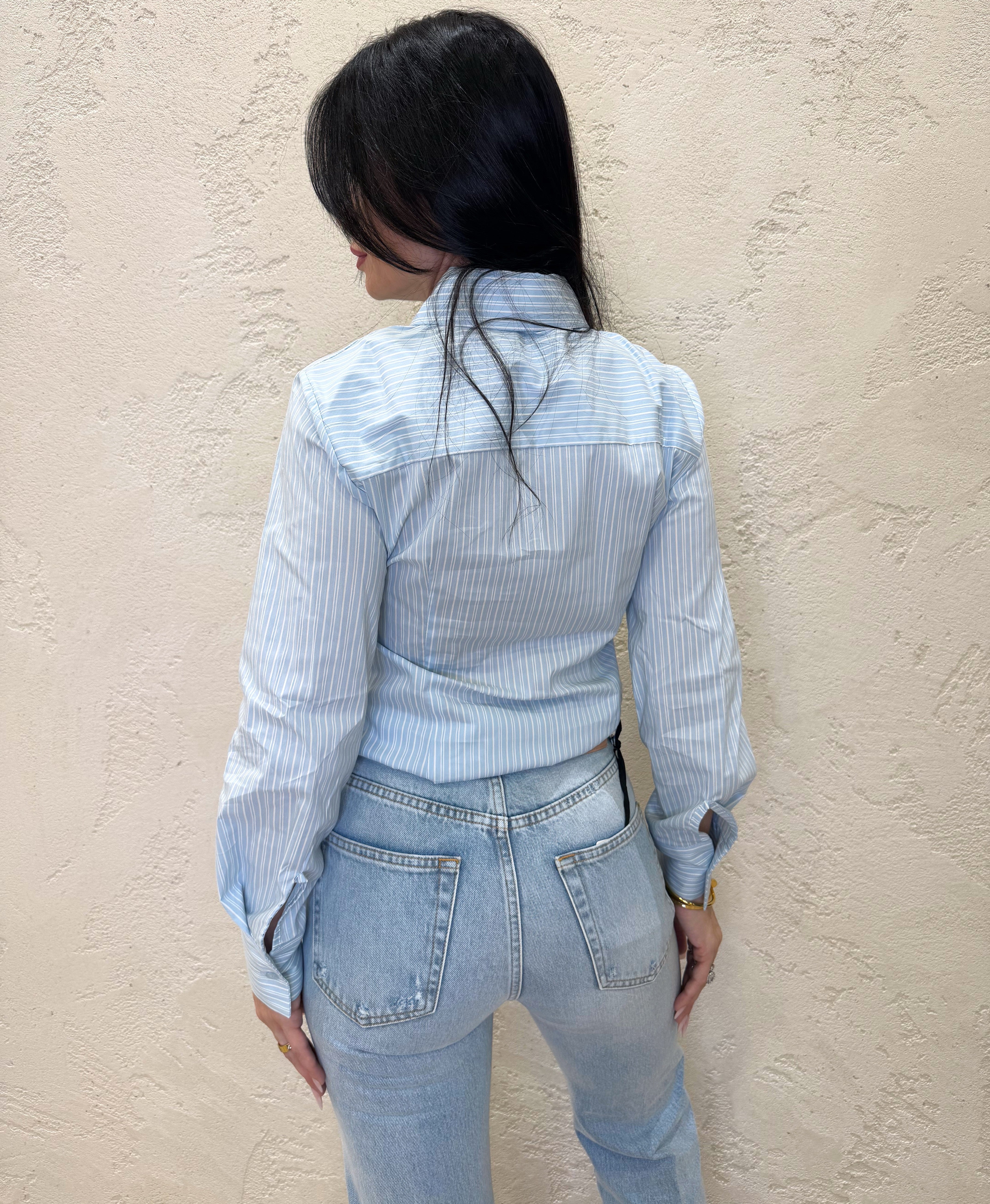 camicia gessata con bottone gioiello BE748 CELESTE SUSY MIX