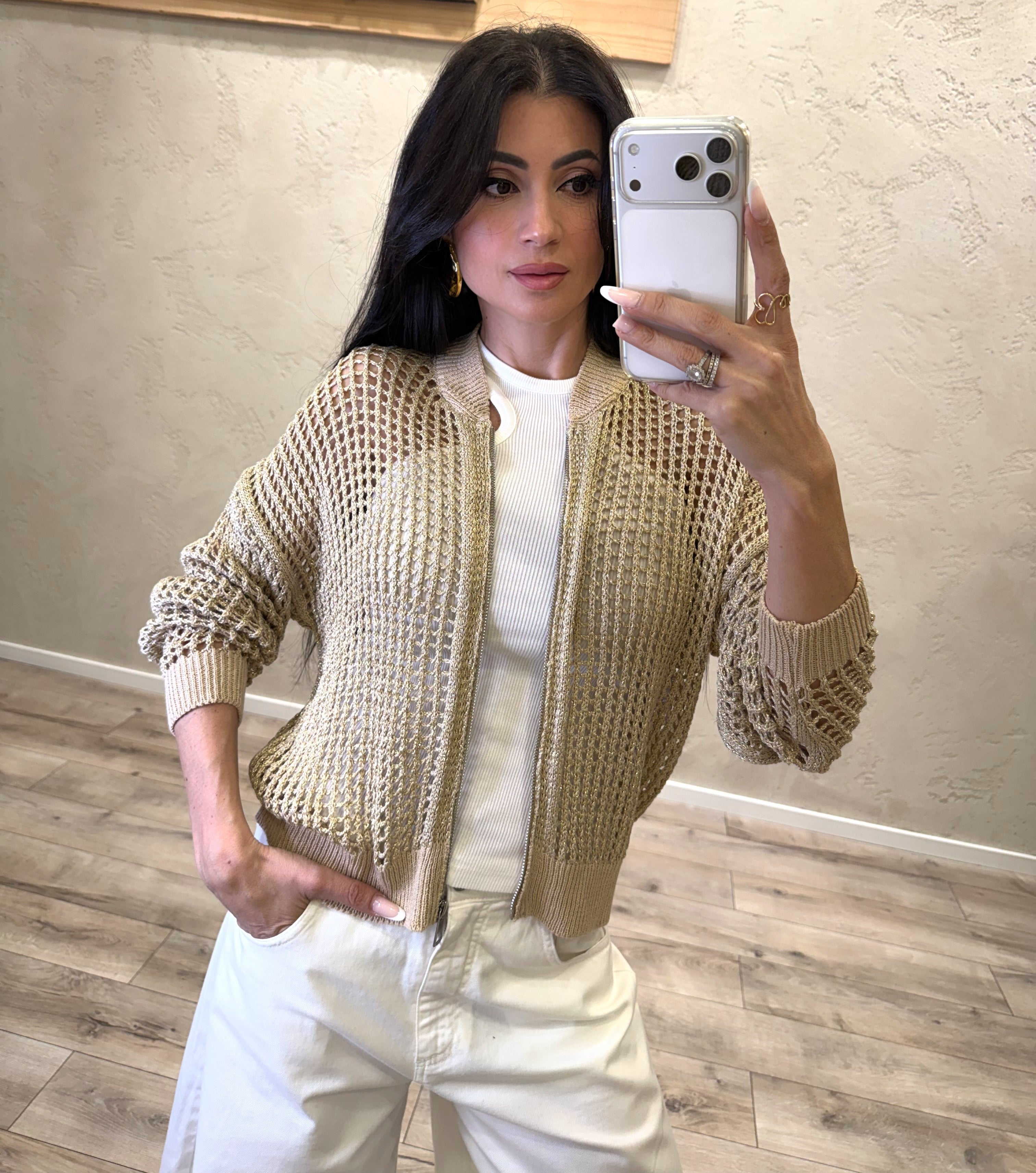 cardigan a bomber in maglia a rete lurex M93060 ORO SUSY MIX