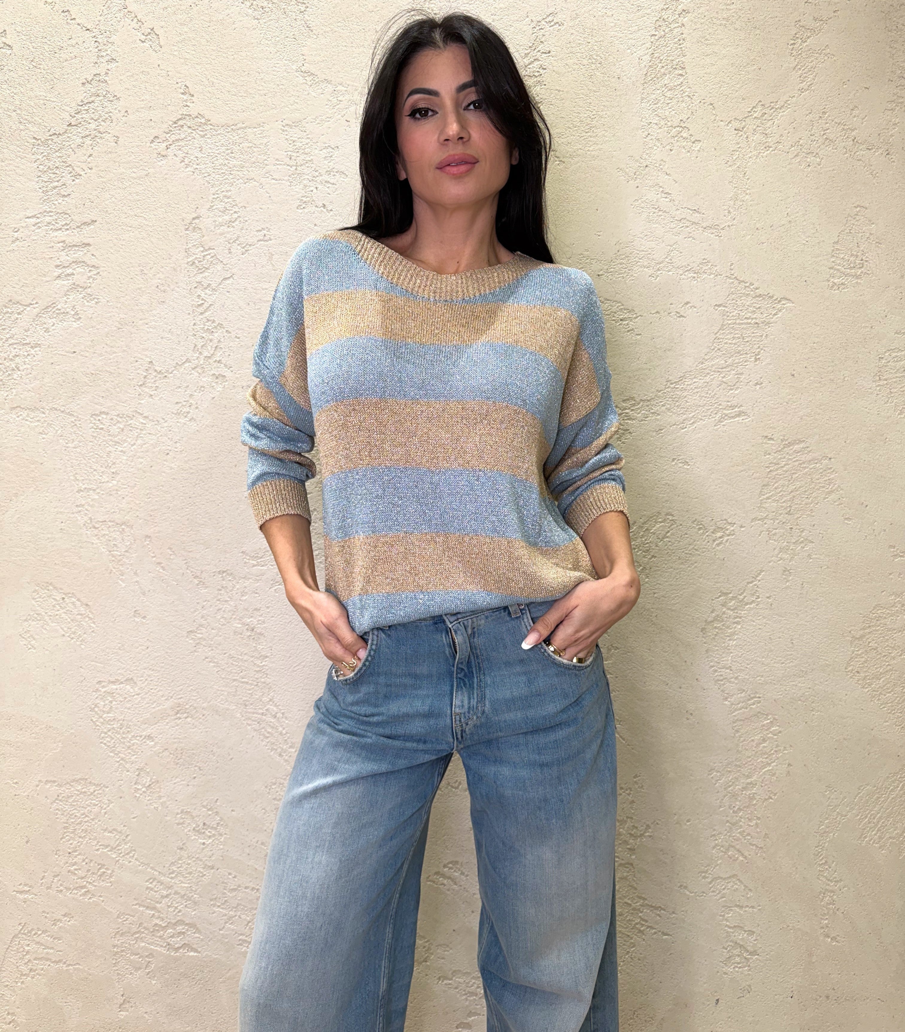 pull vestibilitΓ morbida in lurex fantasia a righe W26020 CELESTE SUSY MIX