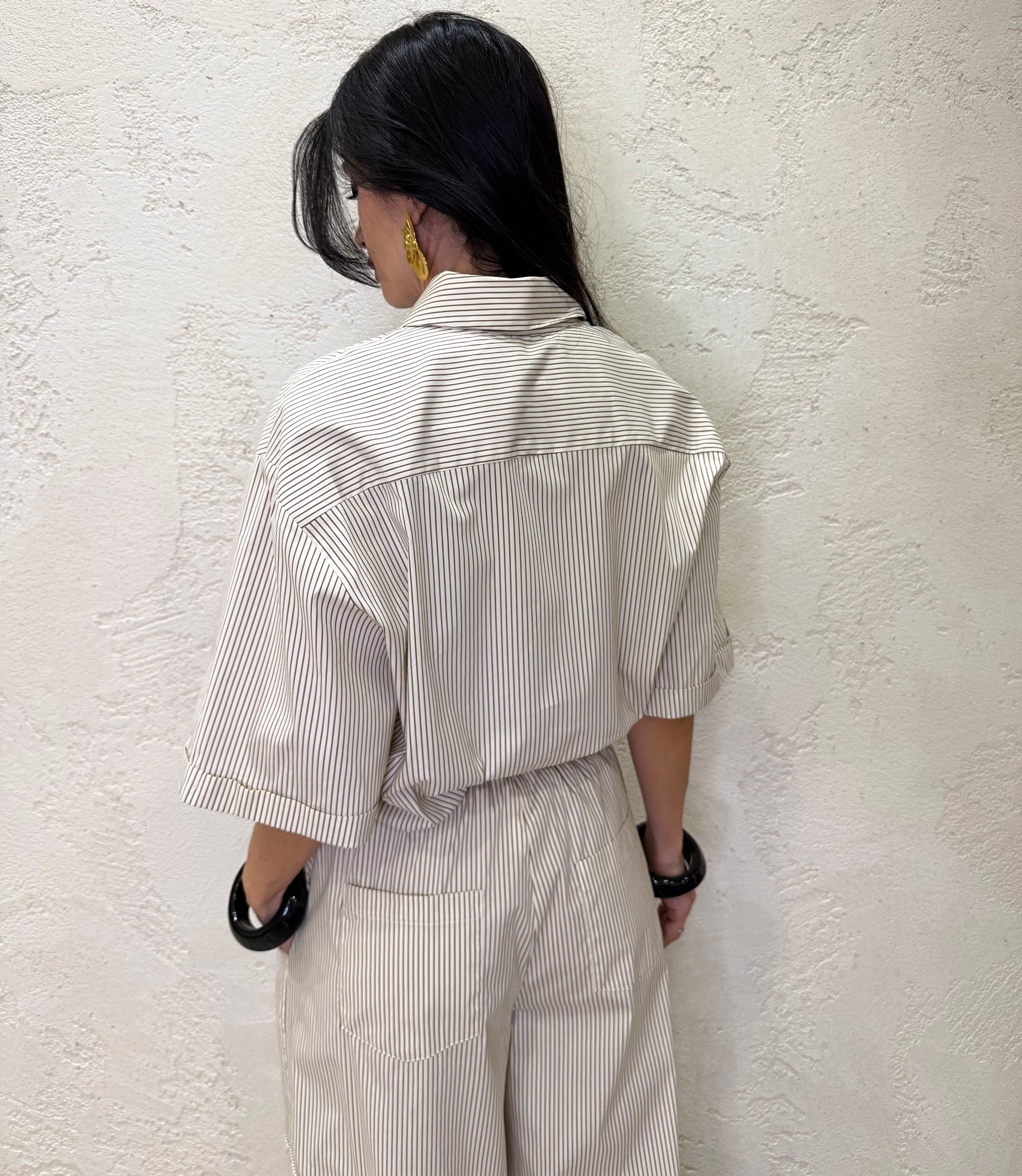 camicia a righe con tasca pailettes e piume 26C5138 BEIGE TENSIONE IN