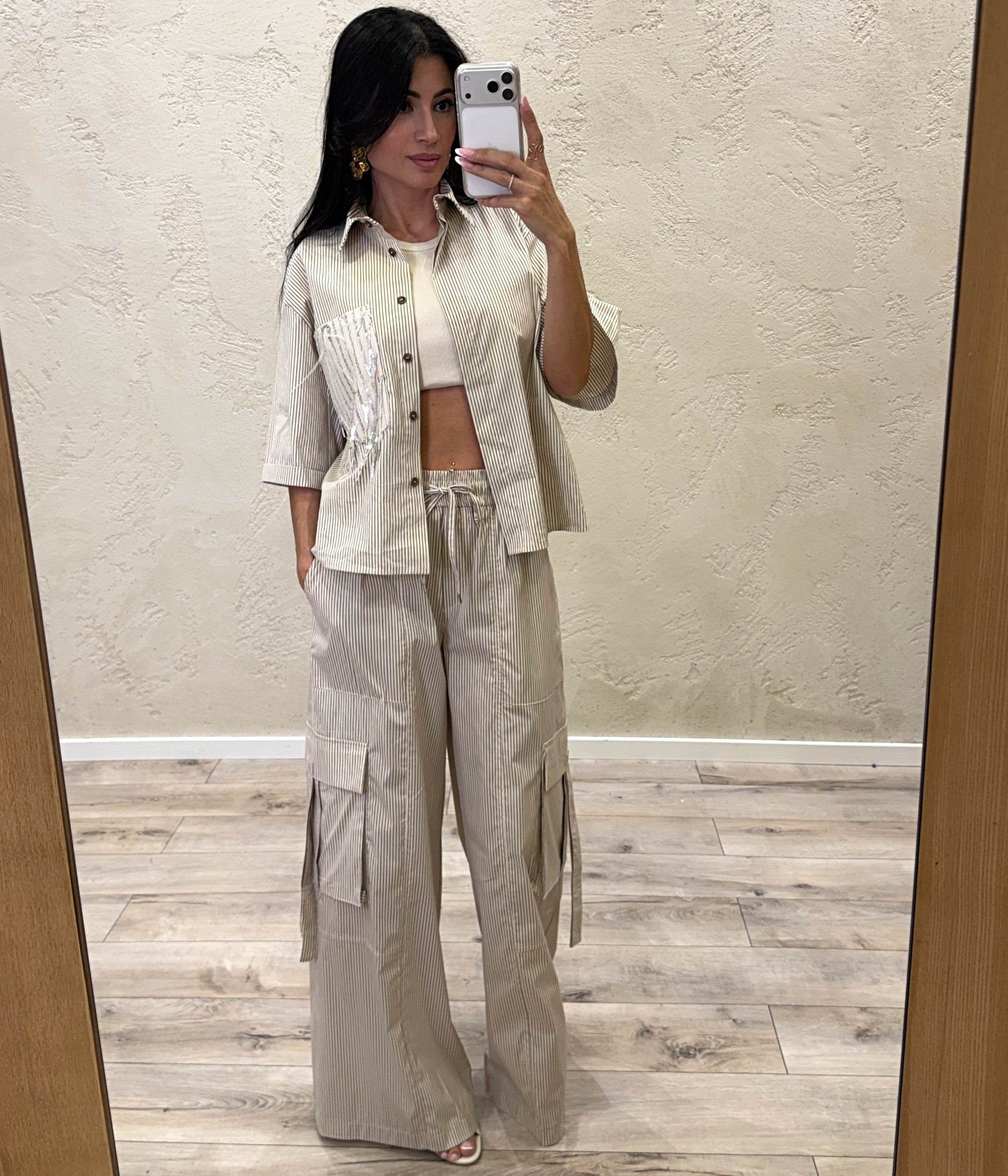 camicia a righe con tasca pailettes e piume 26C5138 BEIGE TENSIONE IN