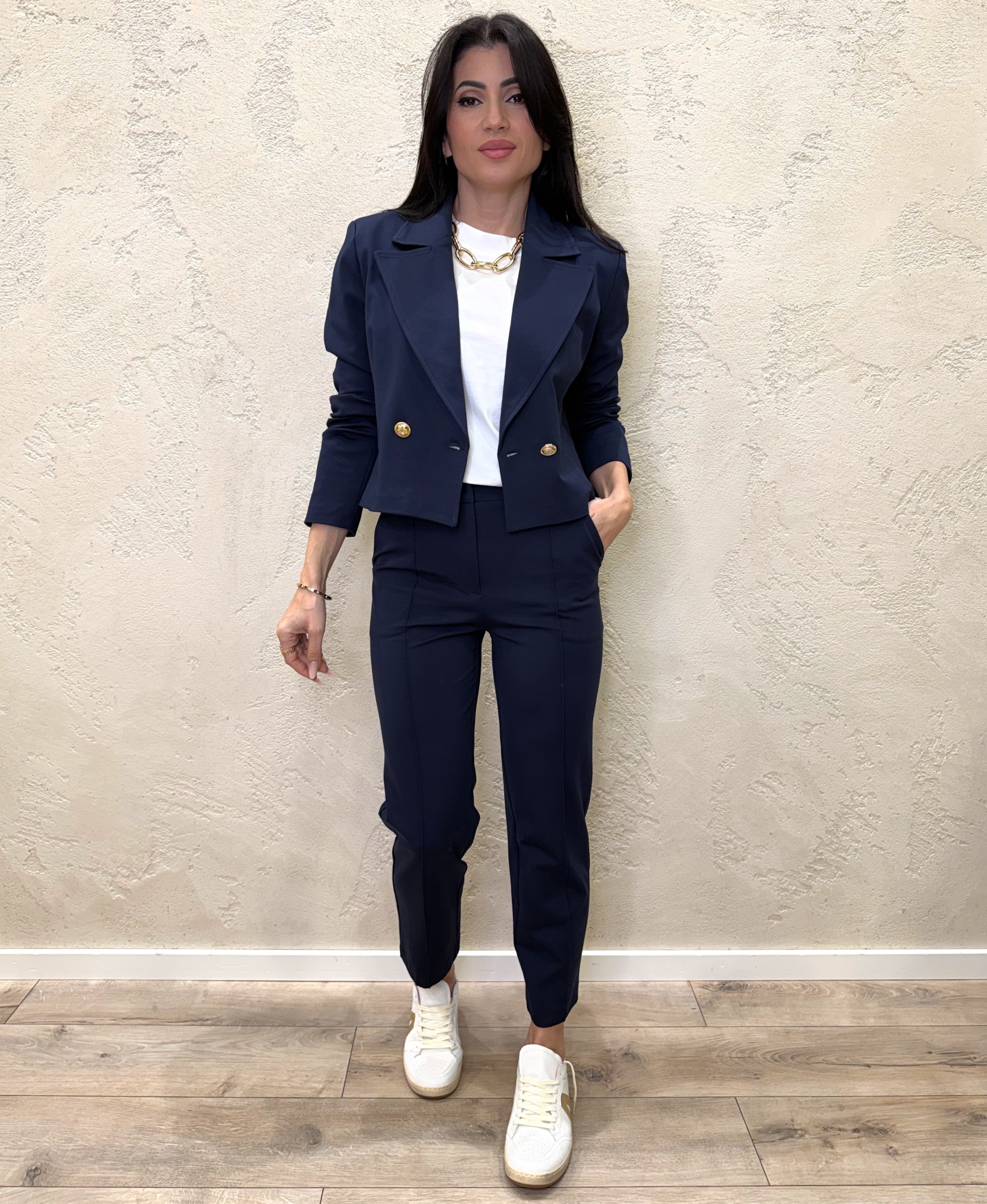 pantalone elasticizzato a sigretta in punto milano 26P3700 BLU TENSIONE IN
