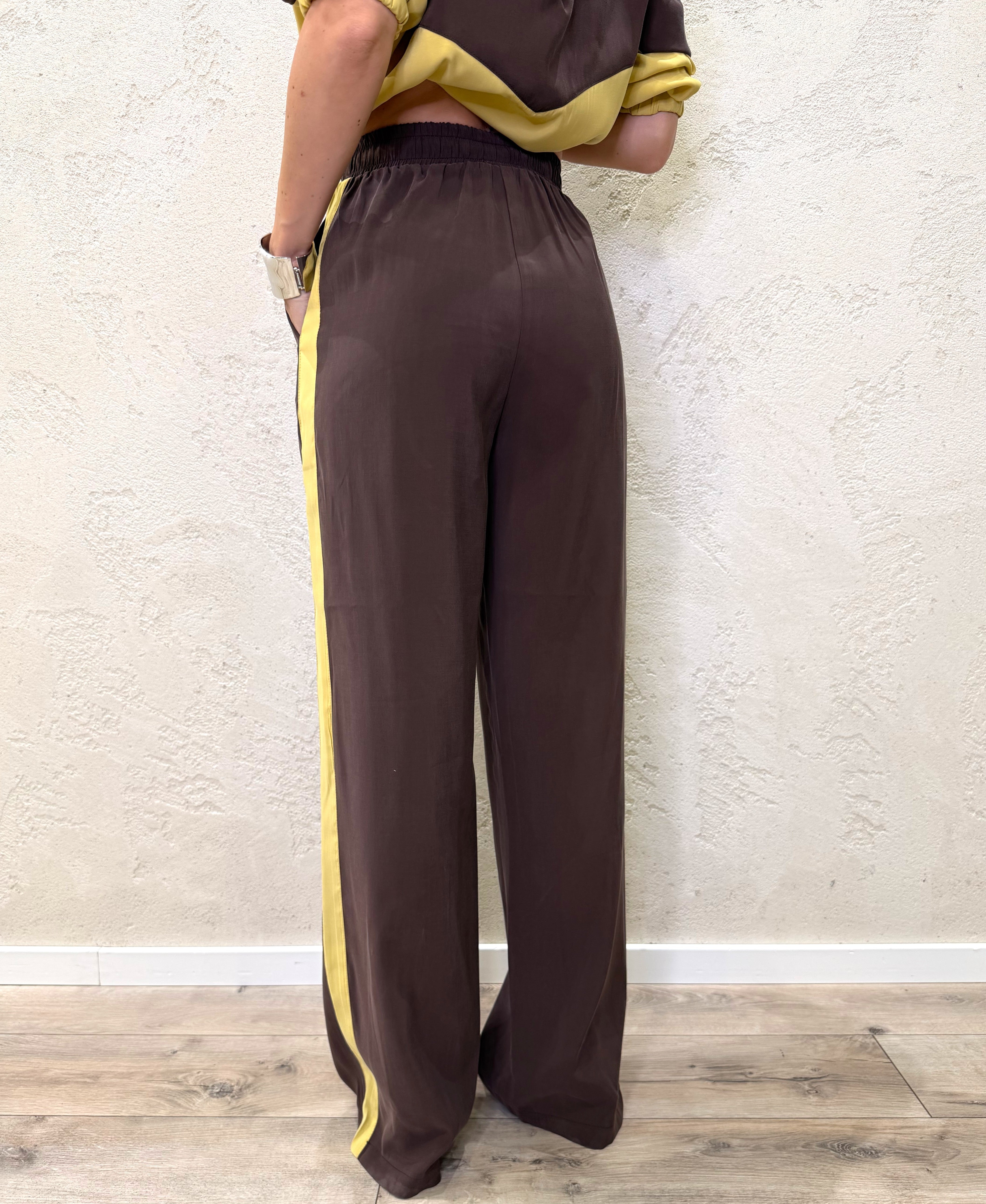 pantaloni laurent modello a palazzo tessuto cupro 26P4584 MORO/GIALLO TENSIONE IN