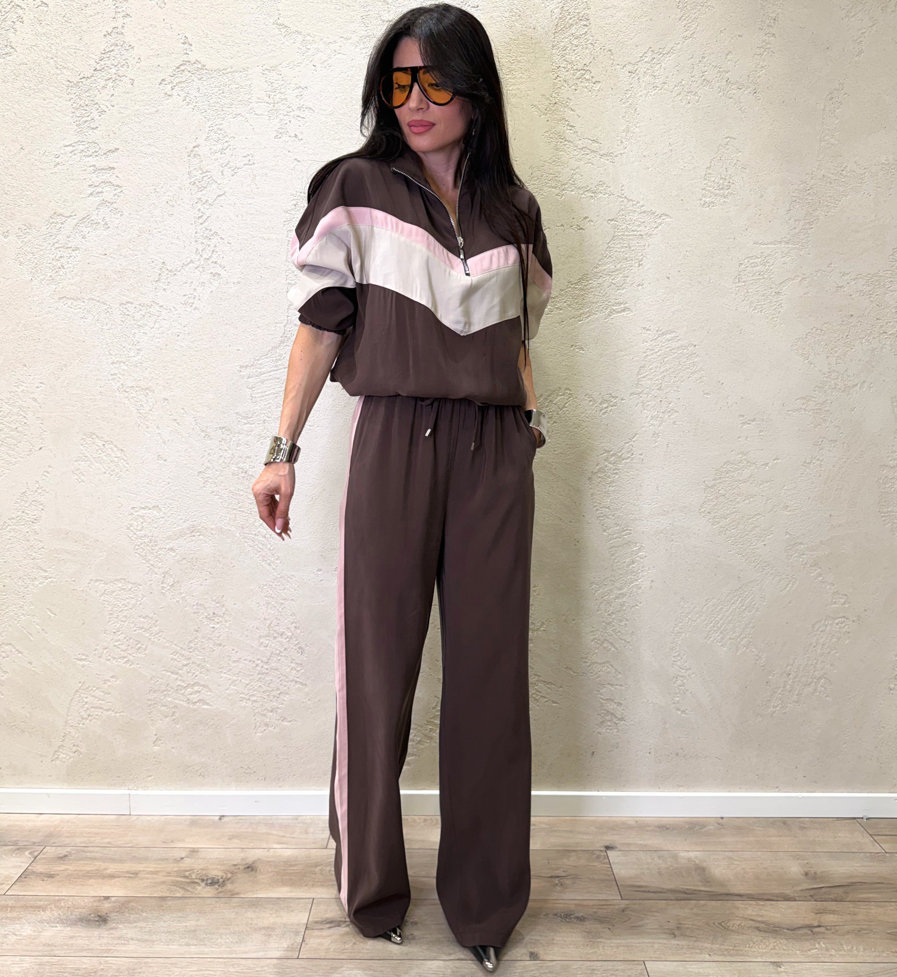pantaloni laurent modello a palazzo tessuto cupro 26P4584 MORO/ROSA TENSIONE IN