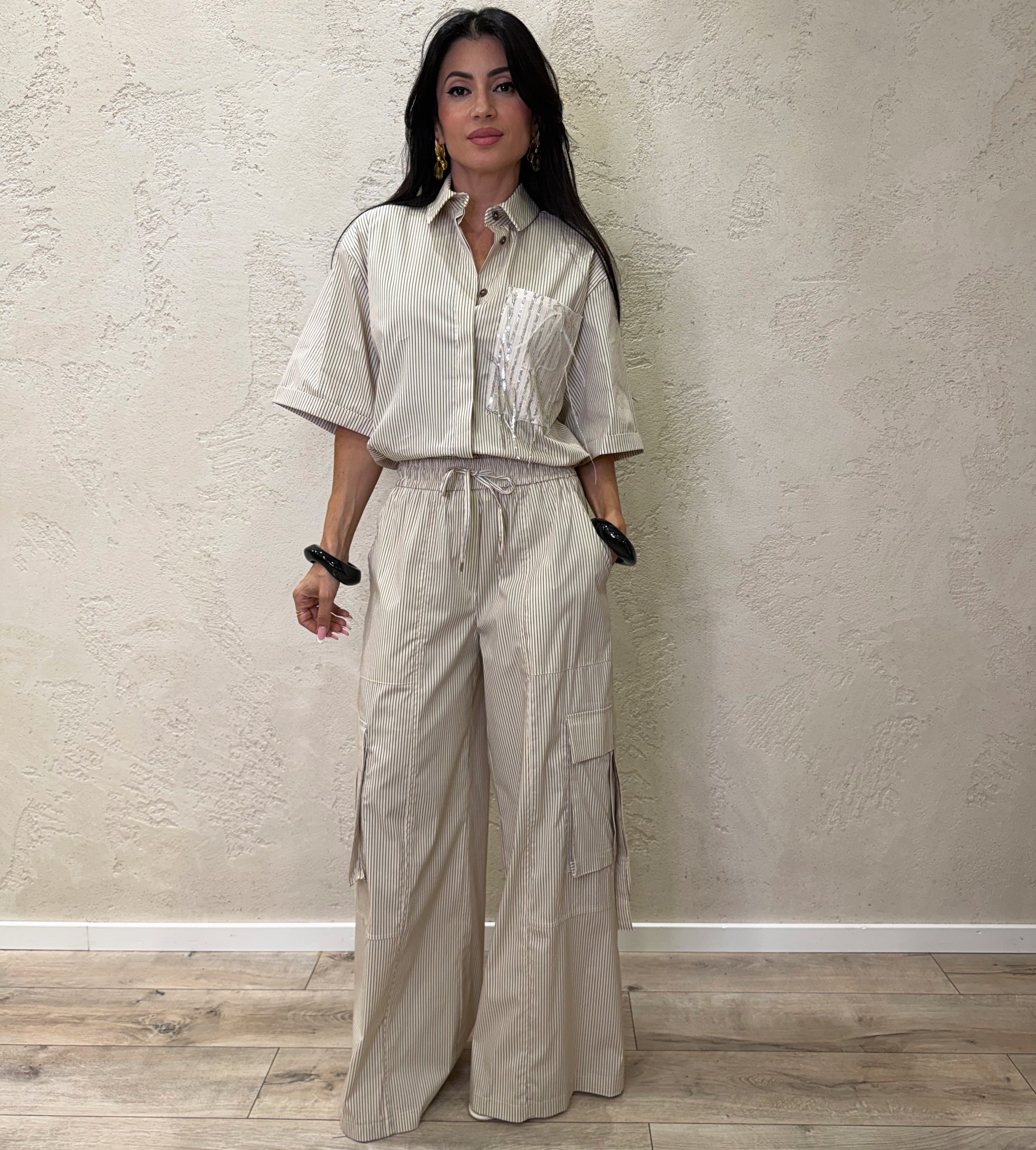 pantalone cargo modello a palazzo fantasia a righe 26P5097 BEIGE TENSIONE IN