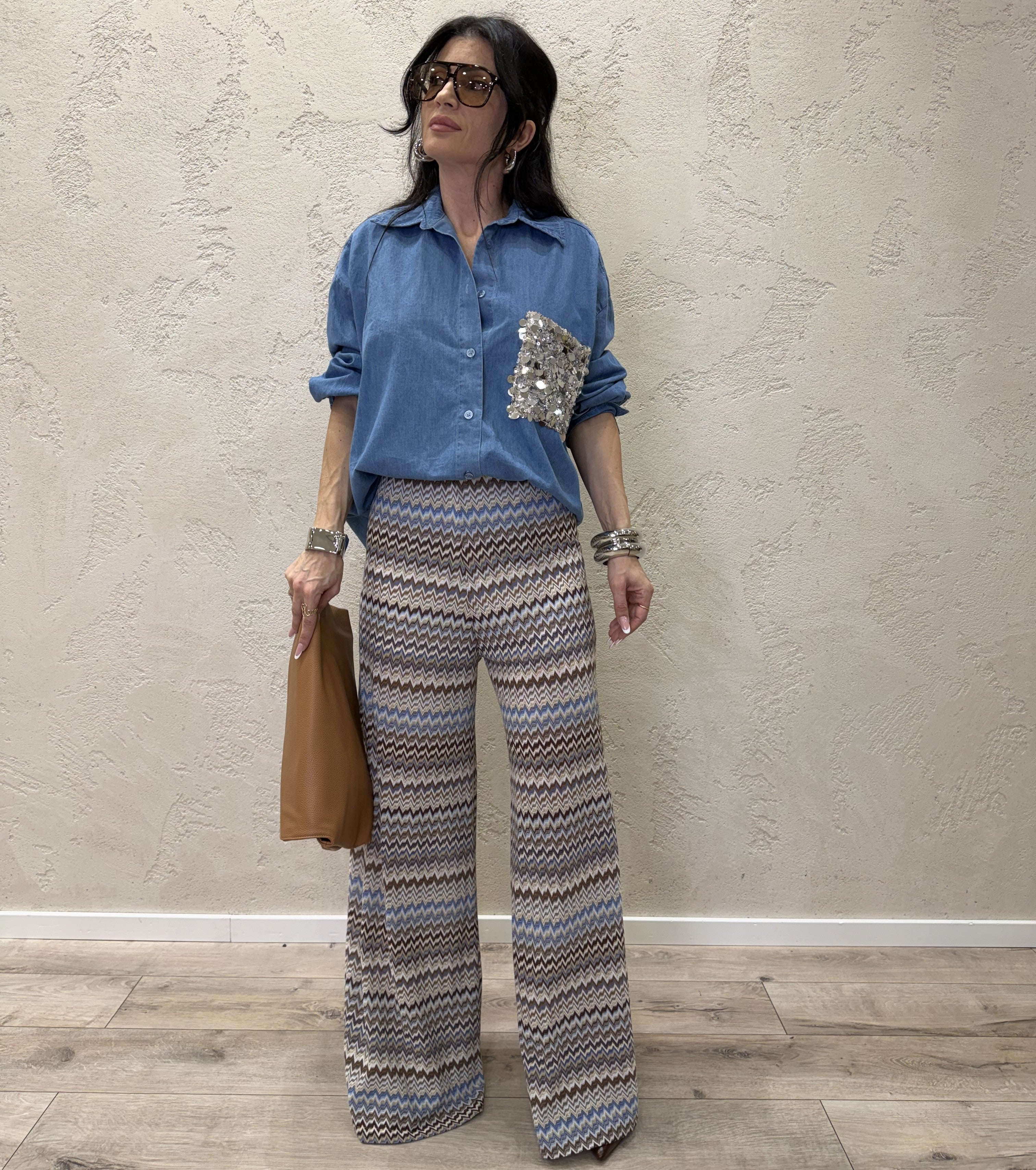 camicia maxi in tessuto chambary con tasca pailettes PE260153 JEANS TENSIONE IN