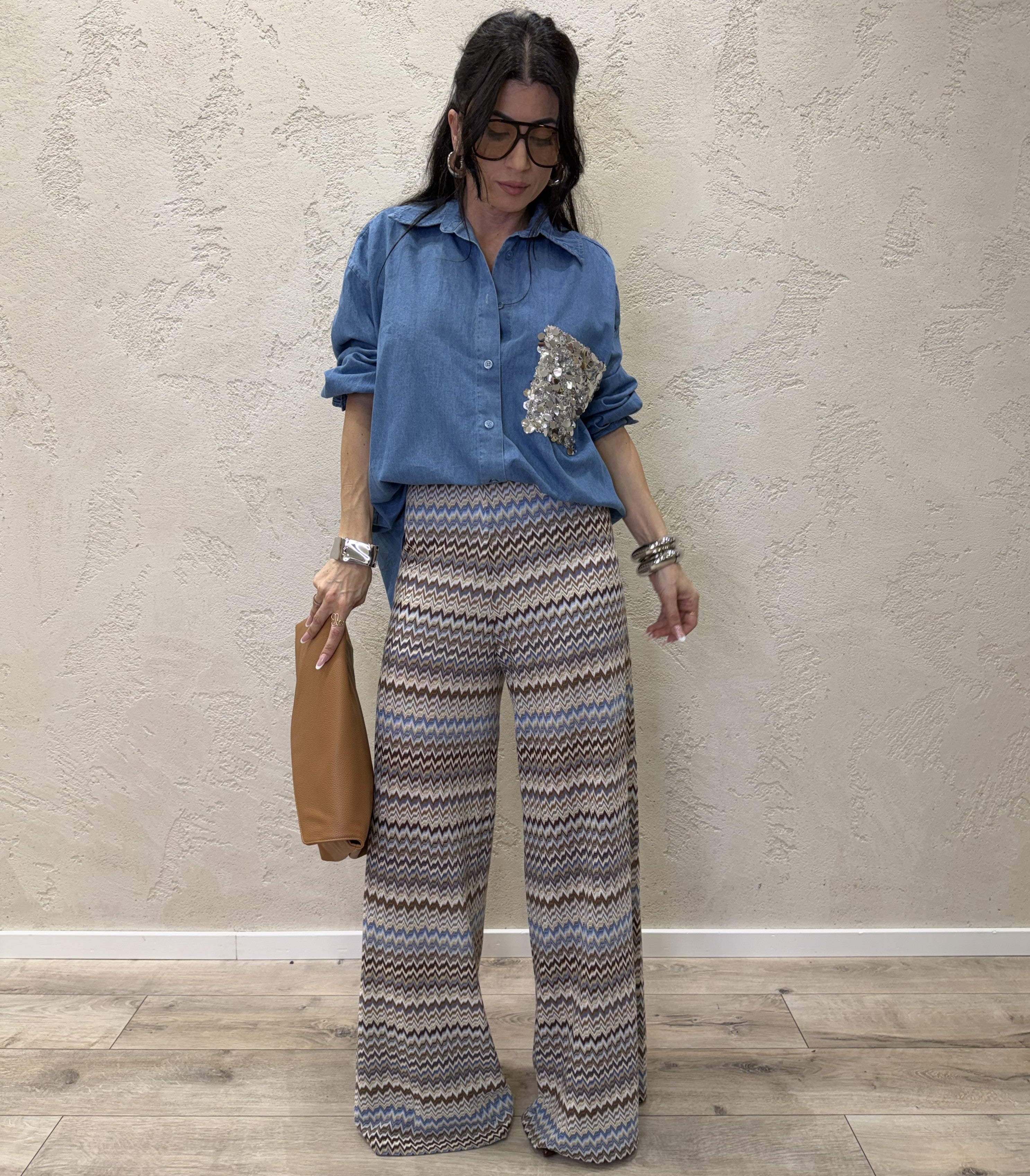 camicia maxi in tessuto chambary con tasca pailettes PE260153 JEANS TENSIONE IN