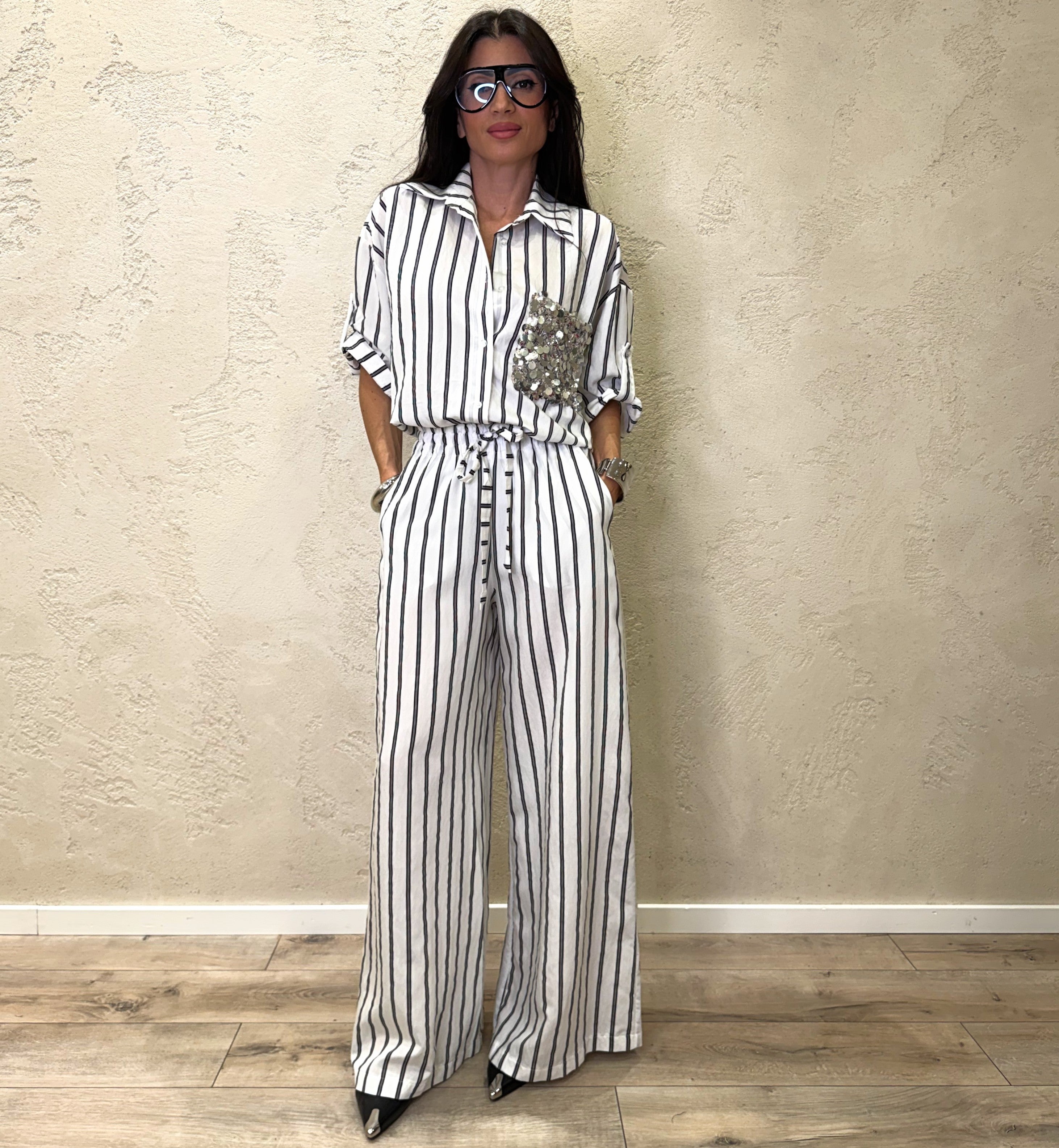 pantaloni a palazzo fantasia a righe PE260221 BIANCO/NERO TENSIONE IN