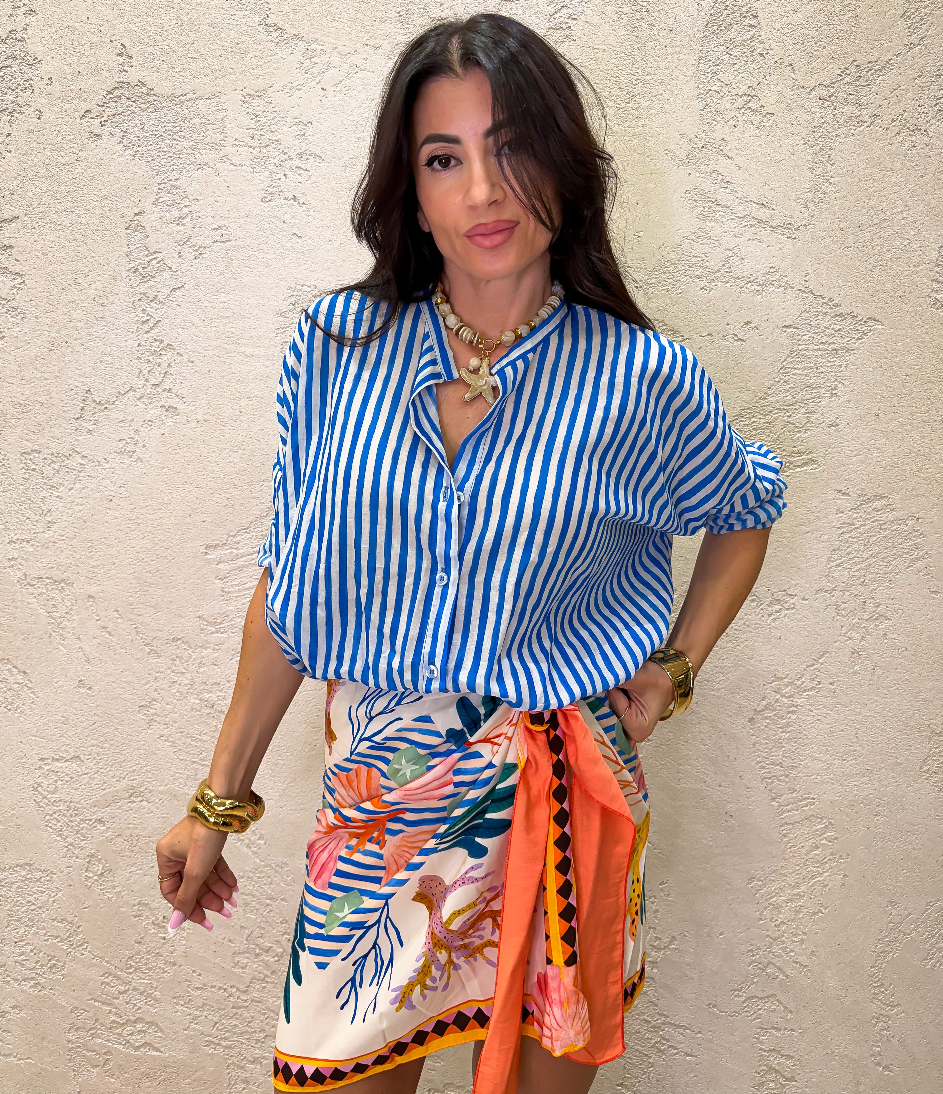 camicia in mussola a righe PE260374 BLUELETTRICO/BIANCO TENSIONE IN