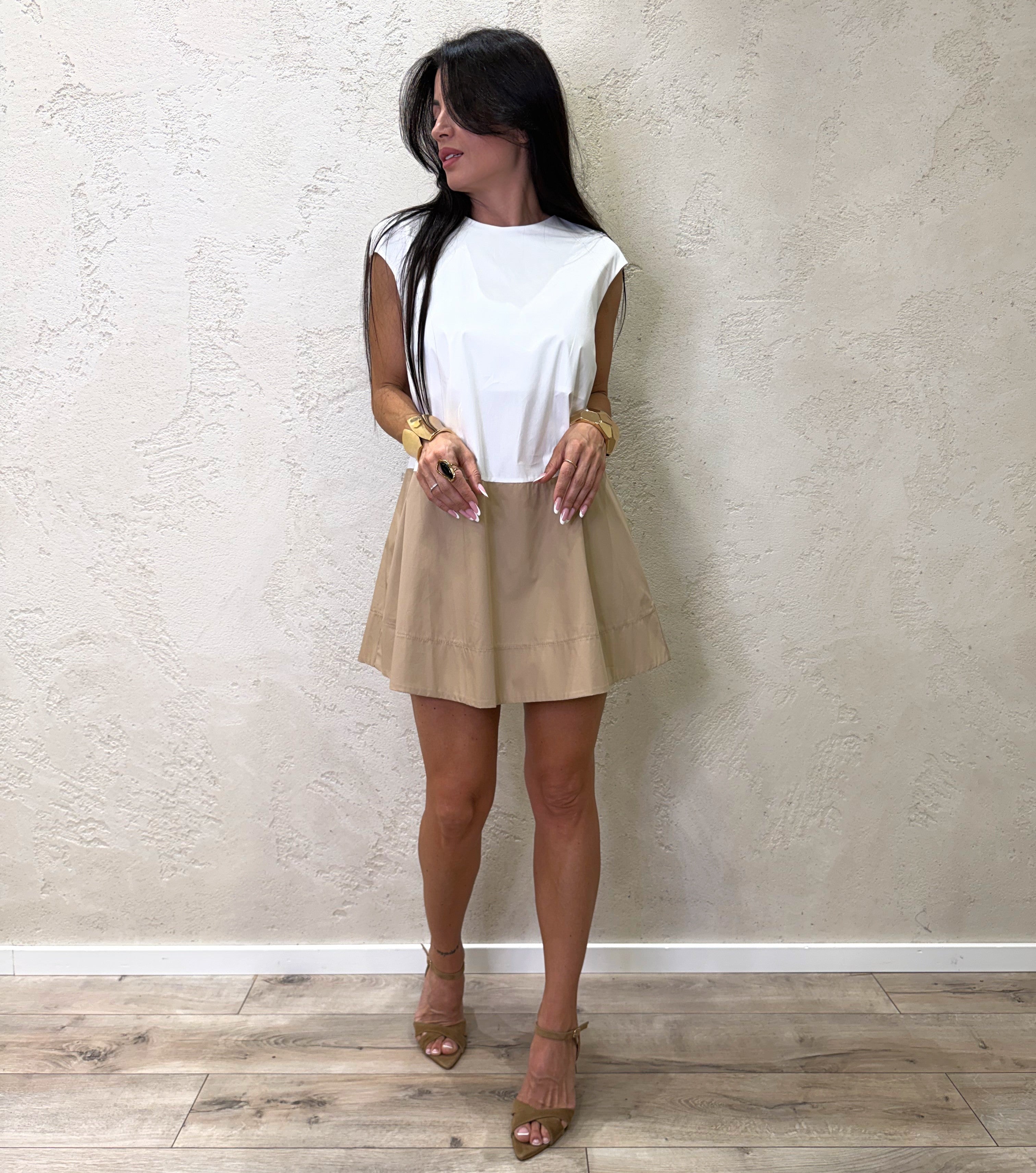 abito mini in 100% cotone doppio colore S26AD15 BIANCO/SABBIA TENSIONE IN