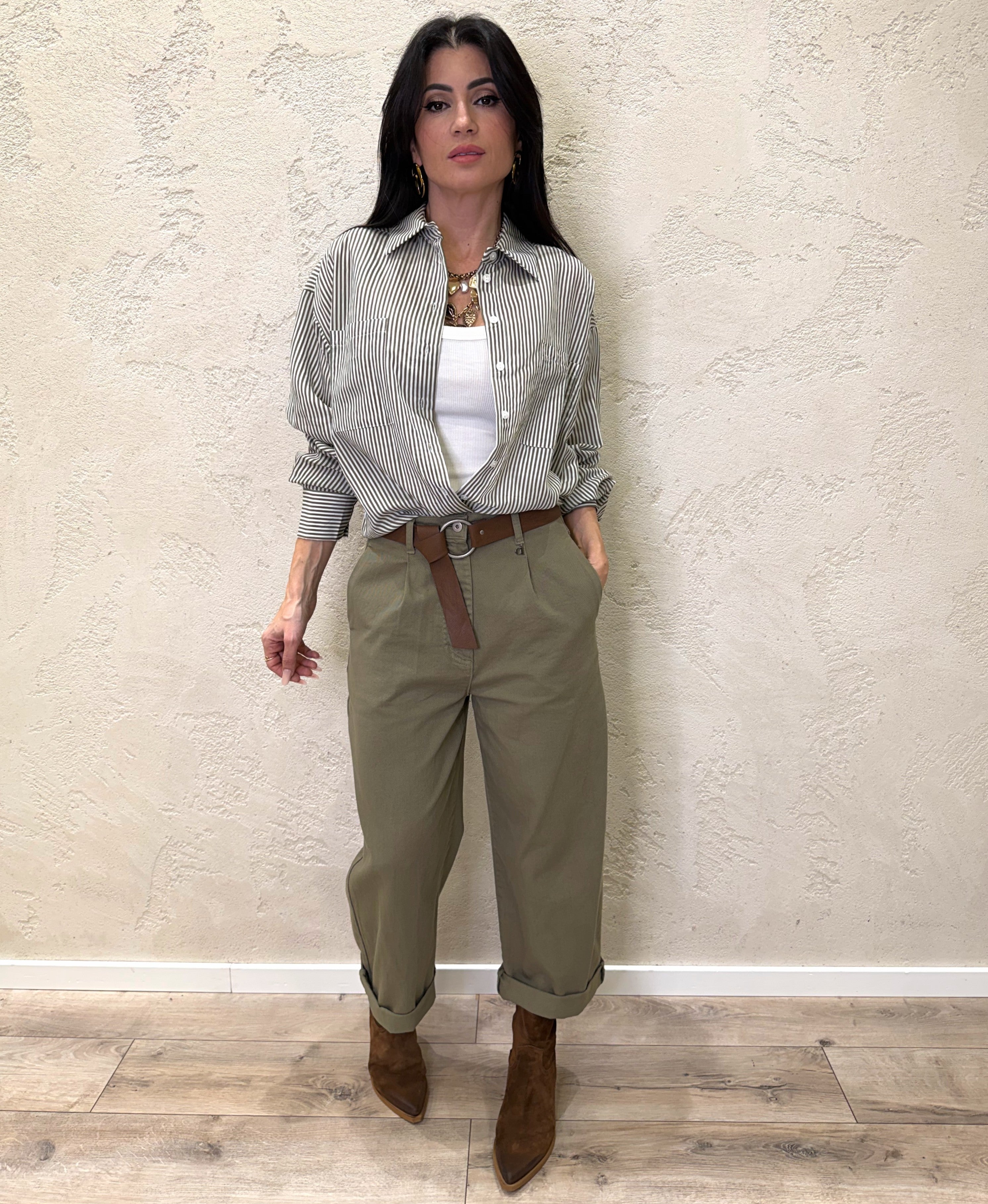 camicia a righe in popeline misto viscosa S26C153/T VERDE TENSIONE IN
