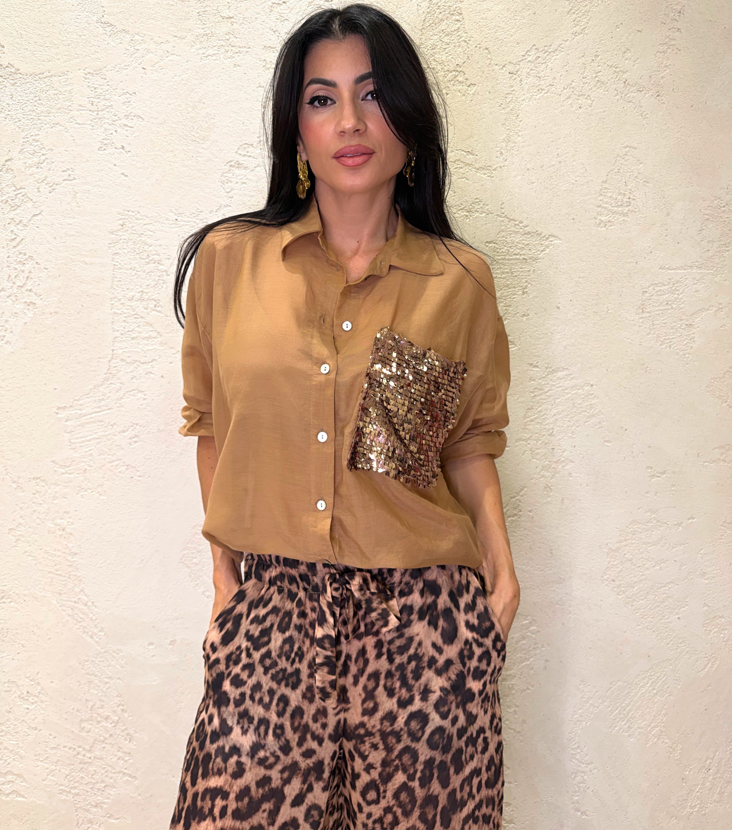 camicia in misto seta con tasca pailettes S26CG26 TABACCO TENSIONE IN
