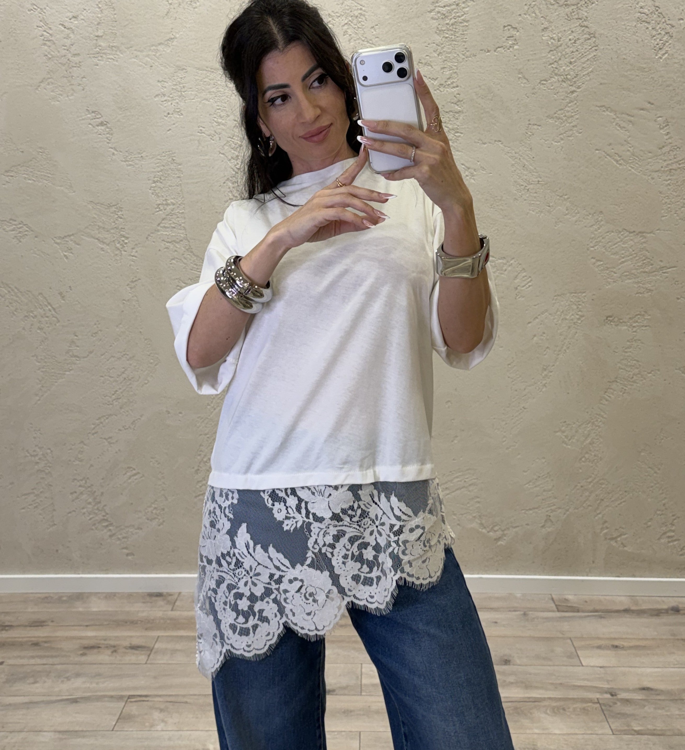 t-shirt ampia con inserto in pizzo S26M665 NATURALE TENSIONE IN