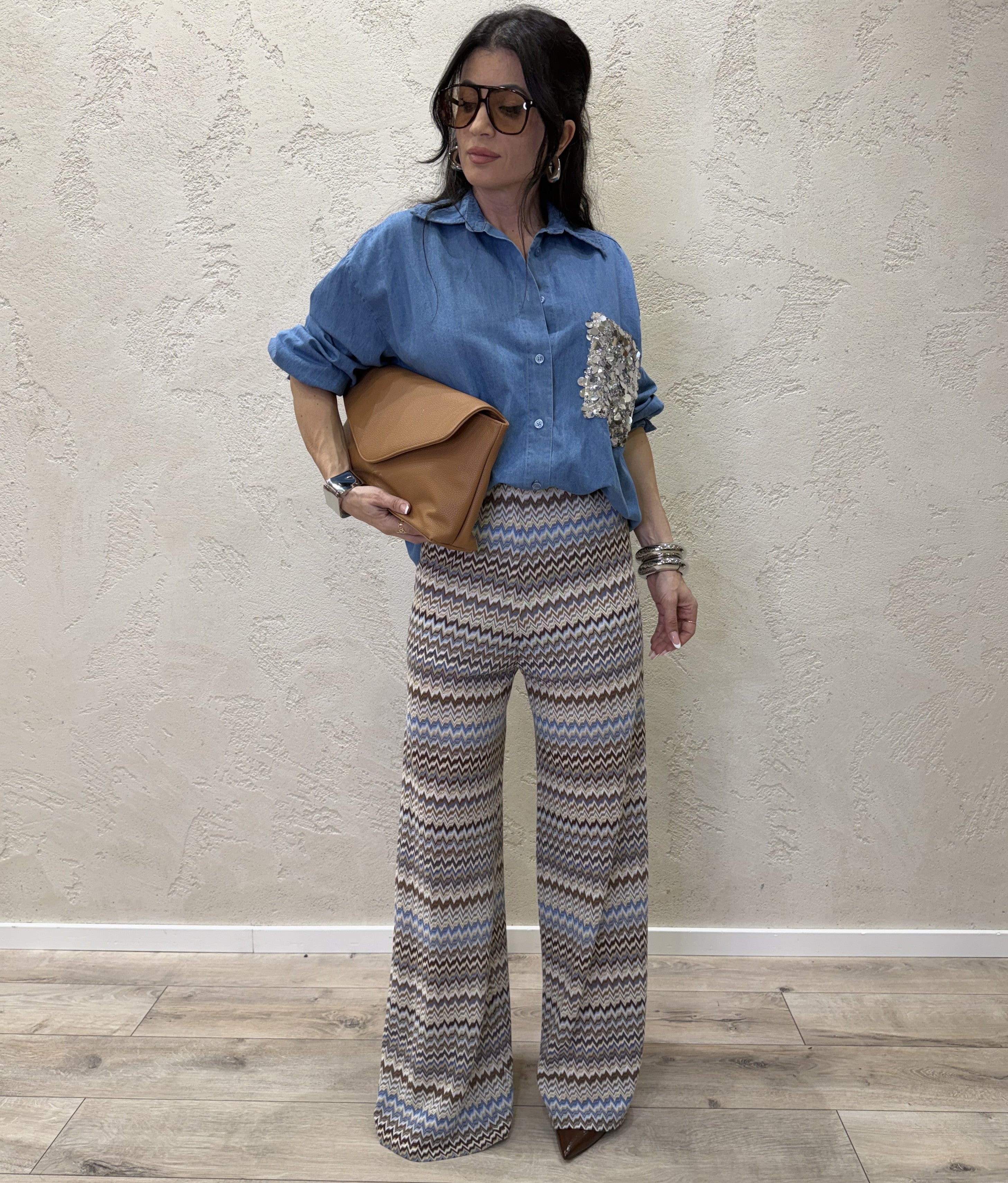 pantalone a palazzo fantasia "missoni" S26PC26 CELESTE/TABACCO TENSIONE IN