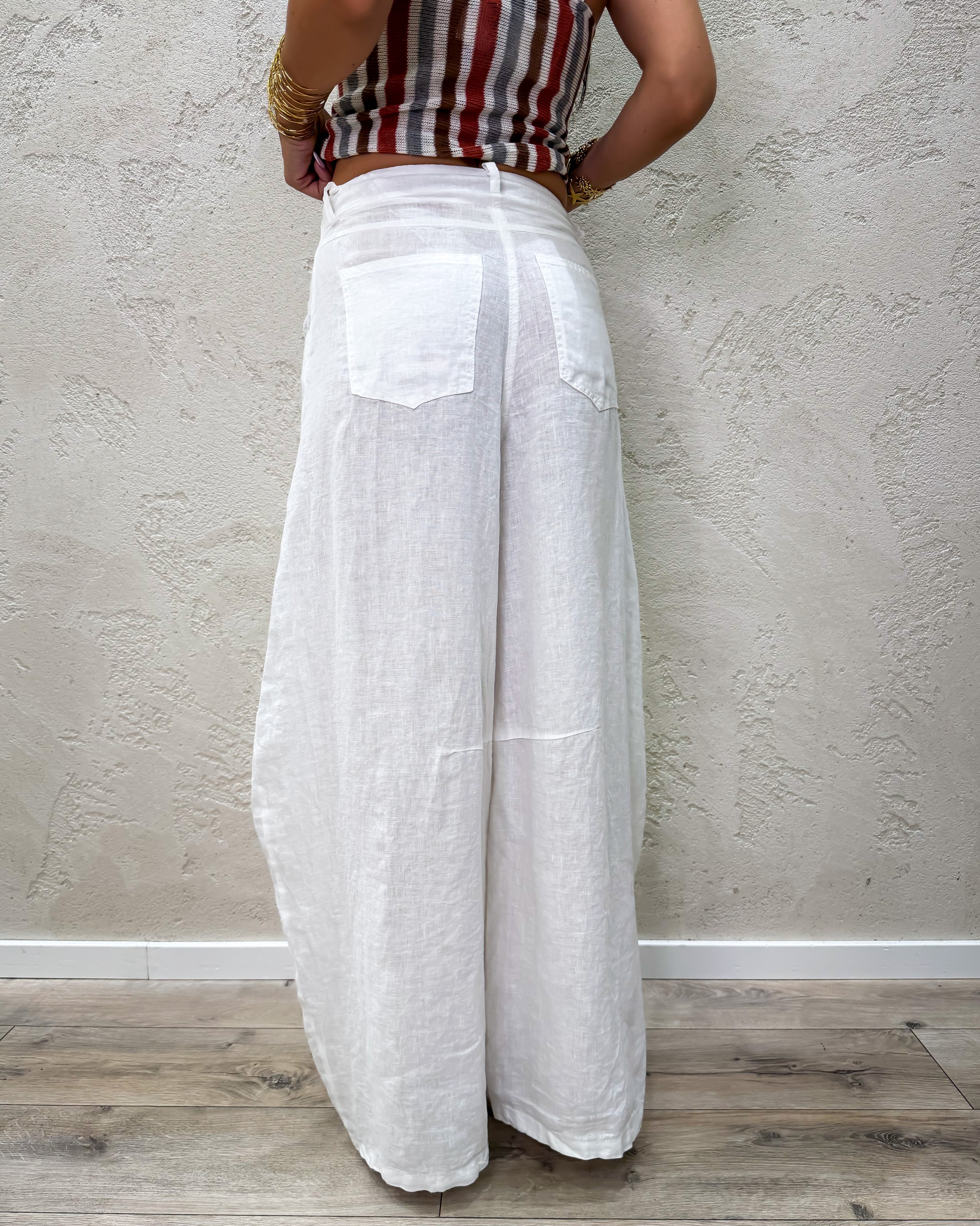 pantalone in puro lino modello luvre barrel fit S26PE64 BIANCO TENSIONE IN