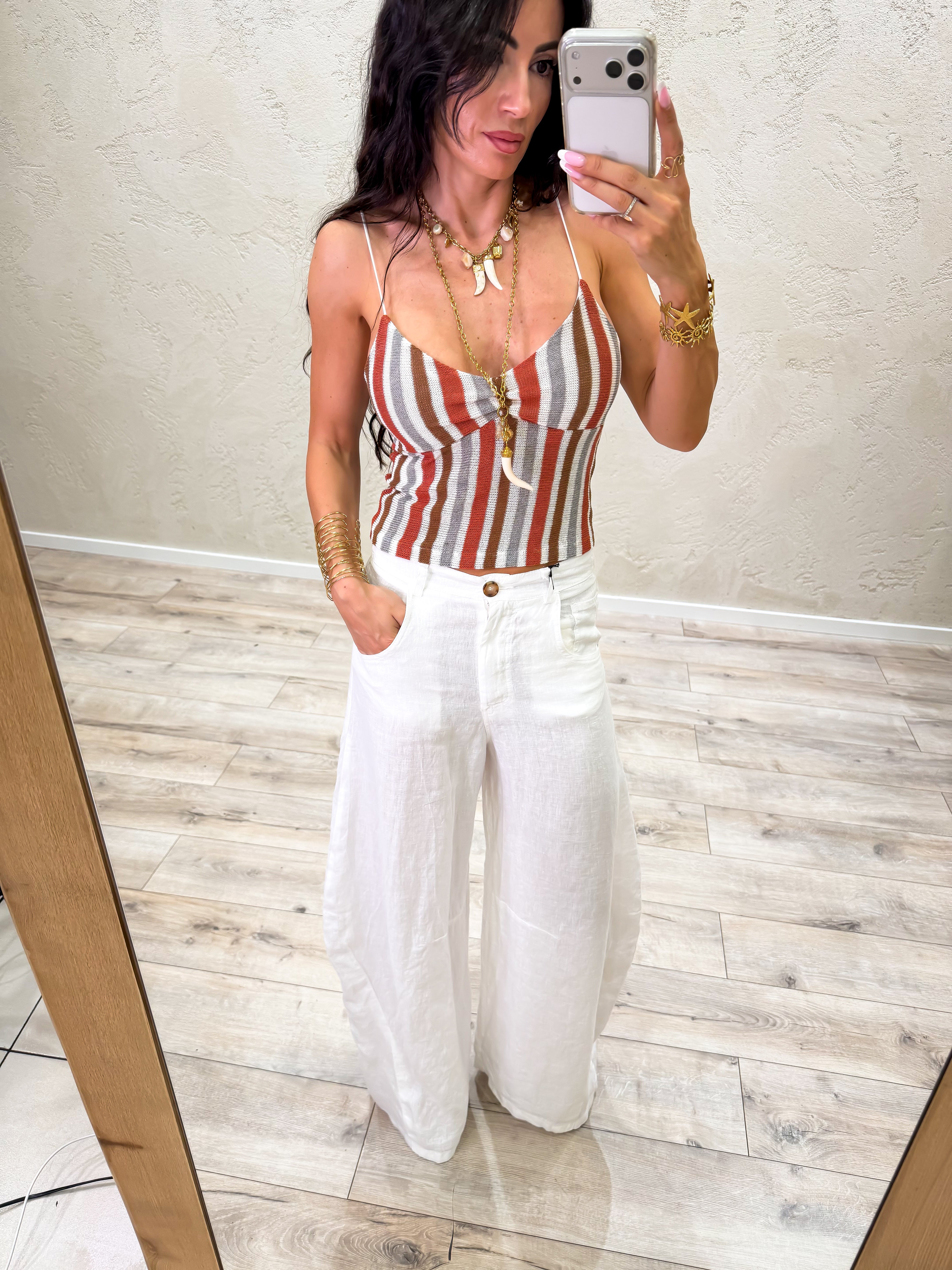 pantalone in puro lino modello luvre barrel fit S26PE64 BIANCO TENSIONE IN