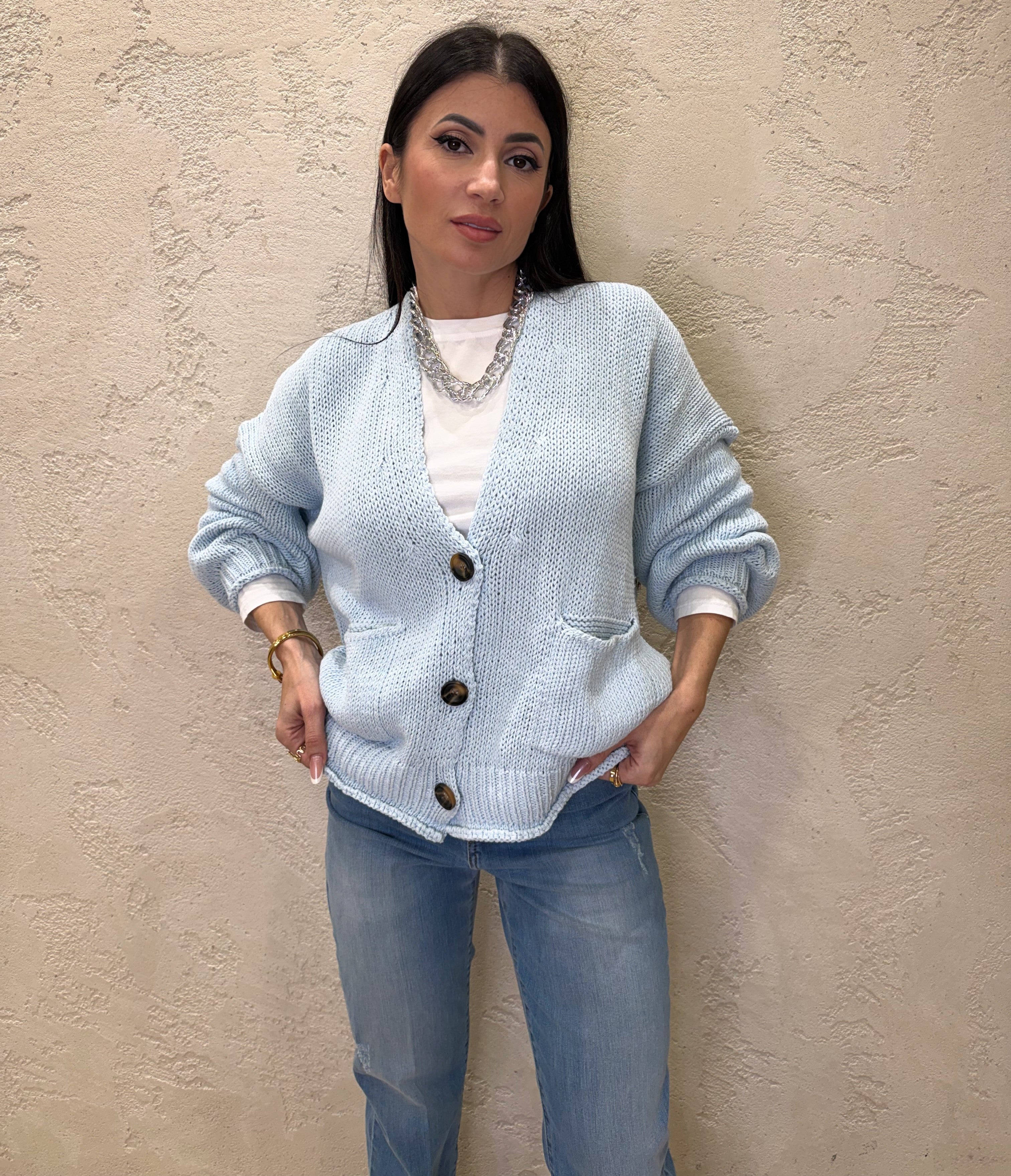 cardigan in maglia con bottoni 3AB3015 CELESTE VICOLO
