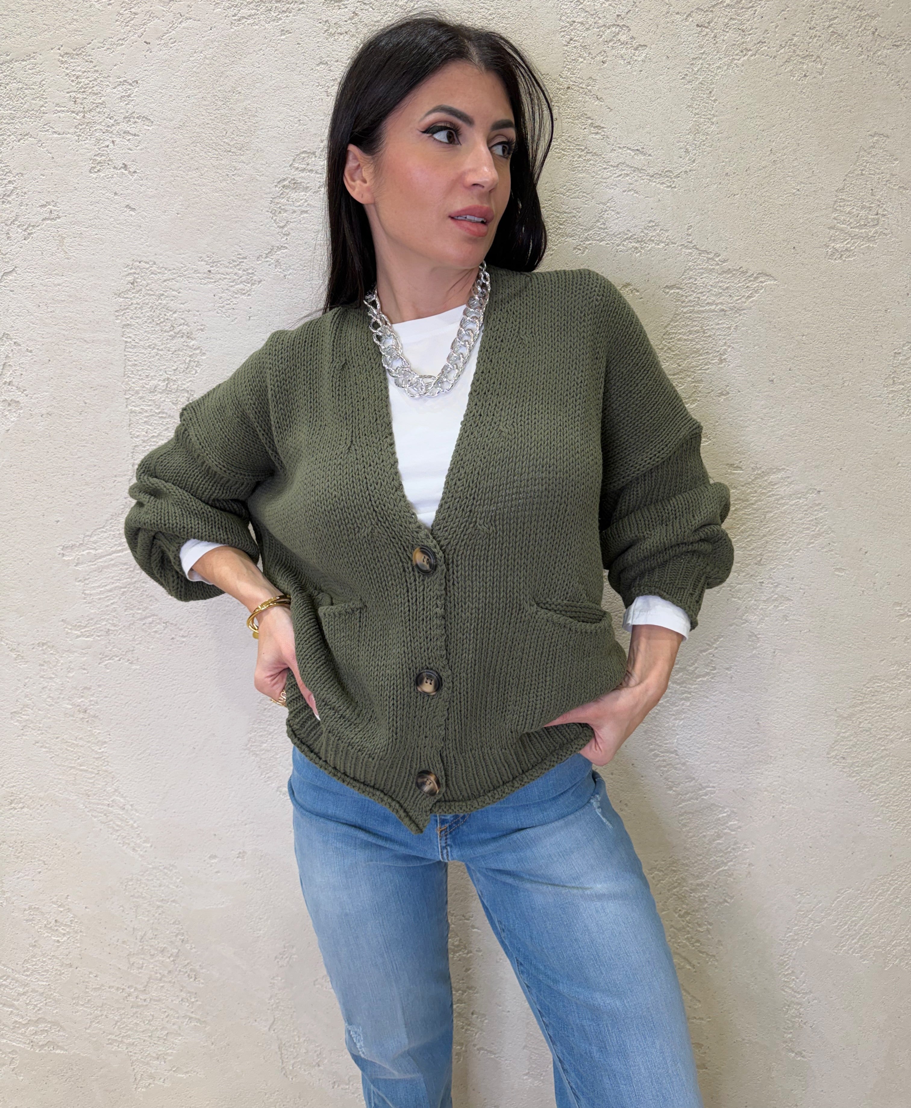 cardigan in maglia con bottoni 3AB3015 MILITARE VICOLO