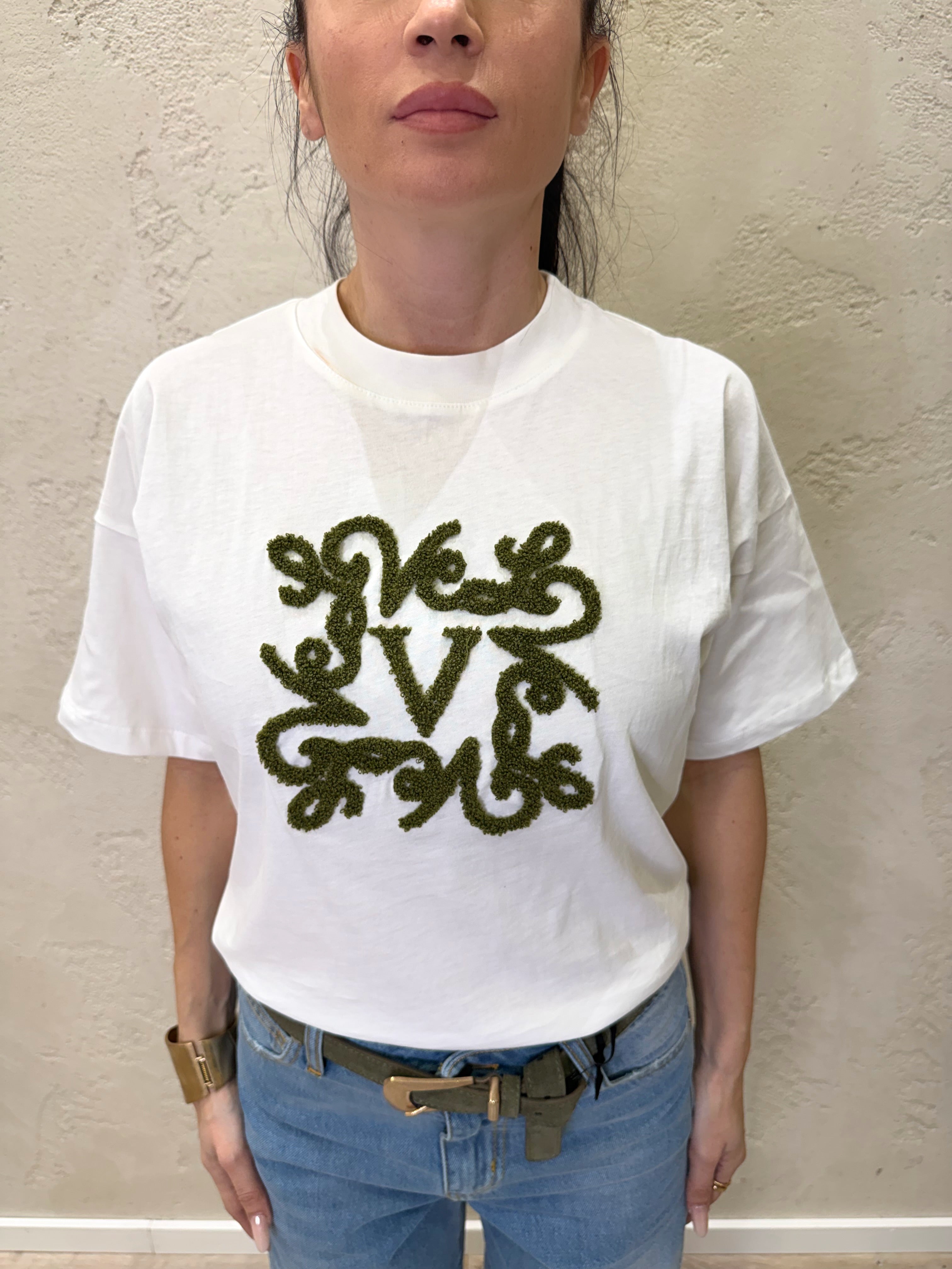 t-shirt over con logo ricamato bouclè RAB0045 BIANCO/VERDE VICOLO