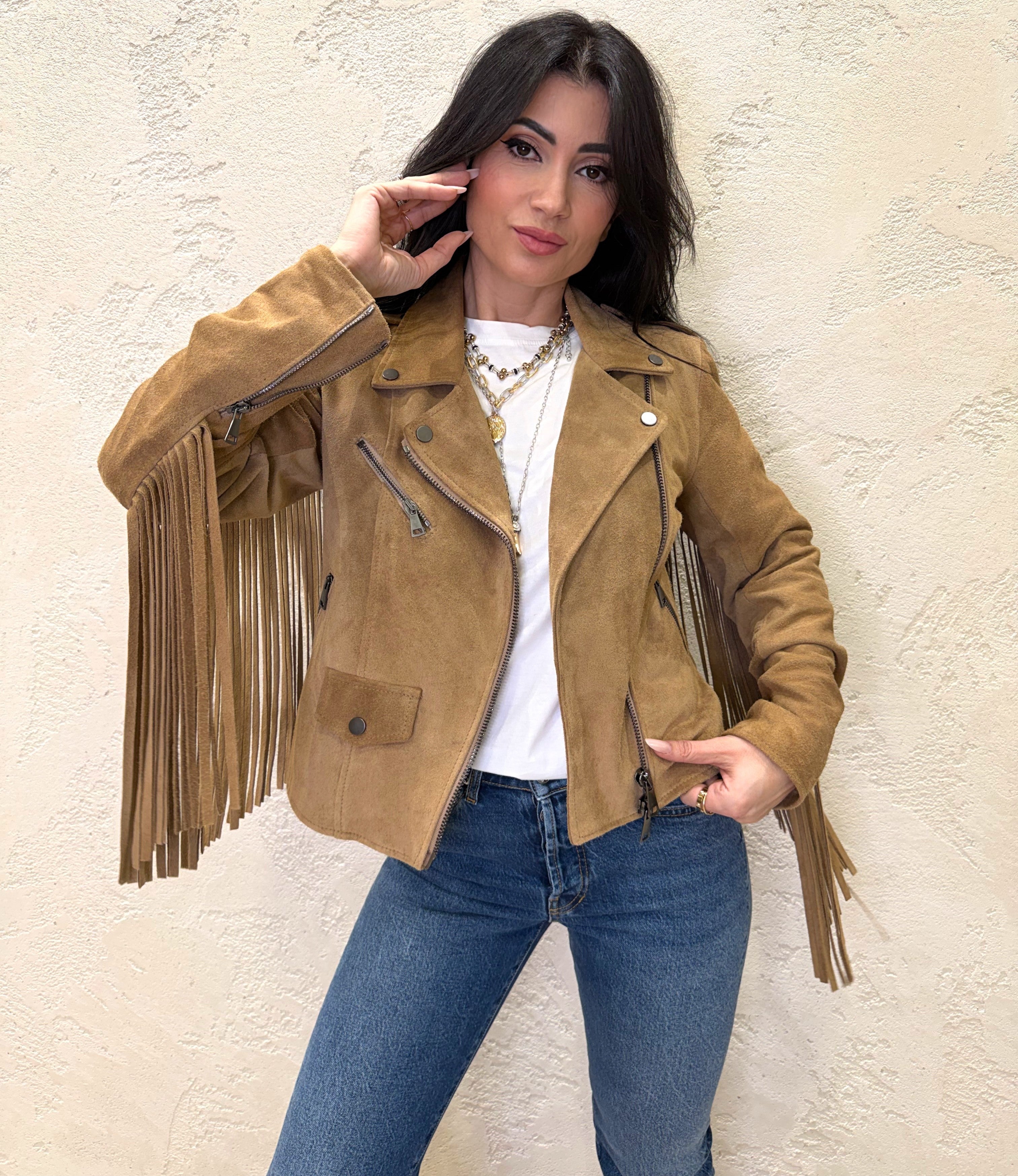 chiodo in pelle scamosciato con frange TAB0172 BEIGE VICOLO