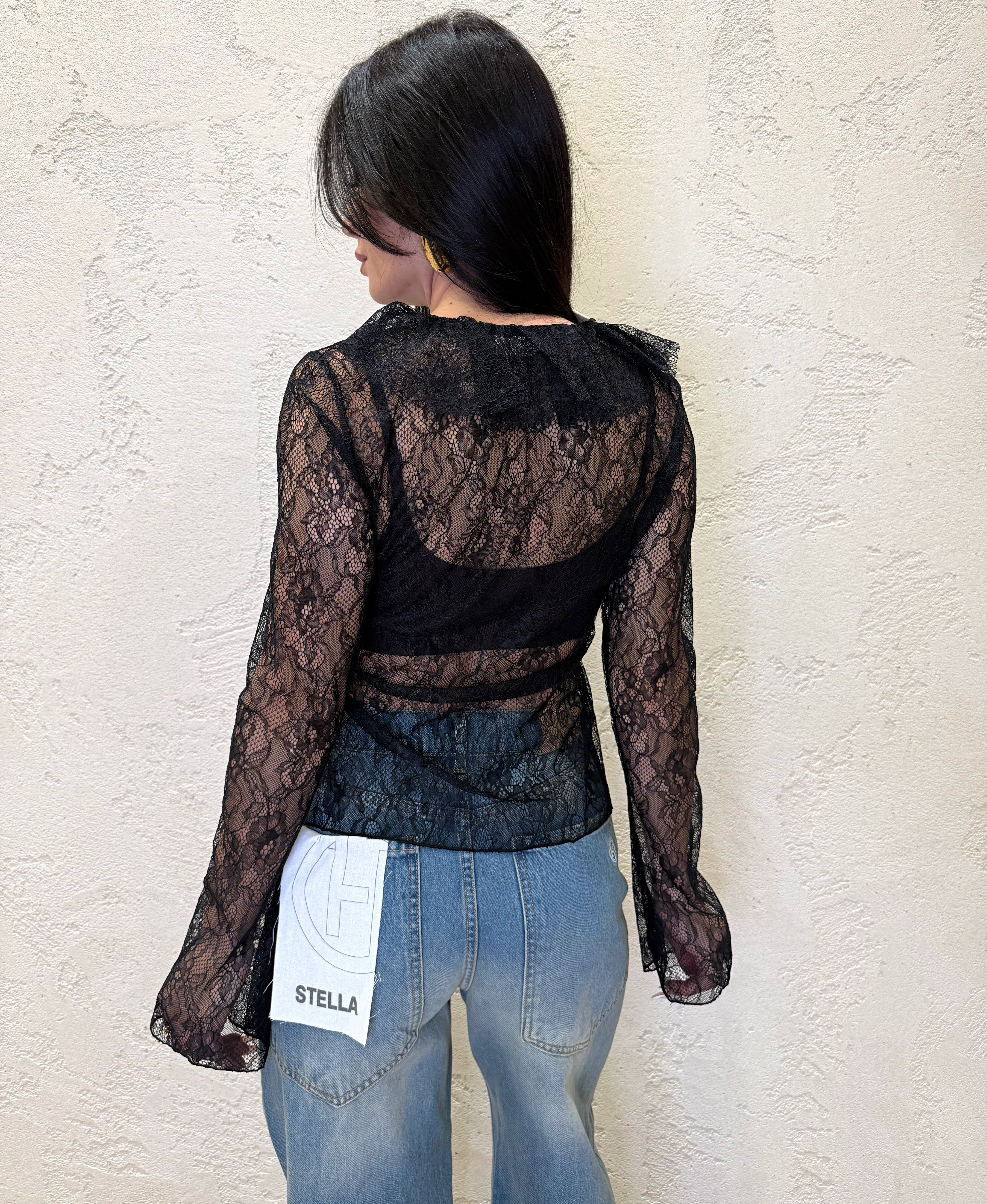 blusa in pizzo con rouges e lacci frontali TAB1521 NERO VICOLO