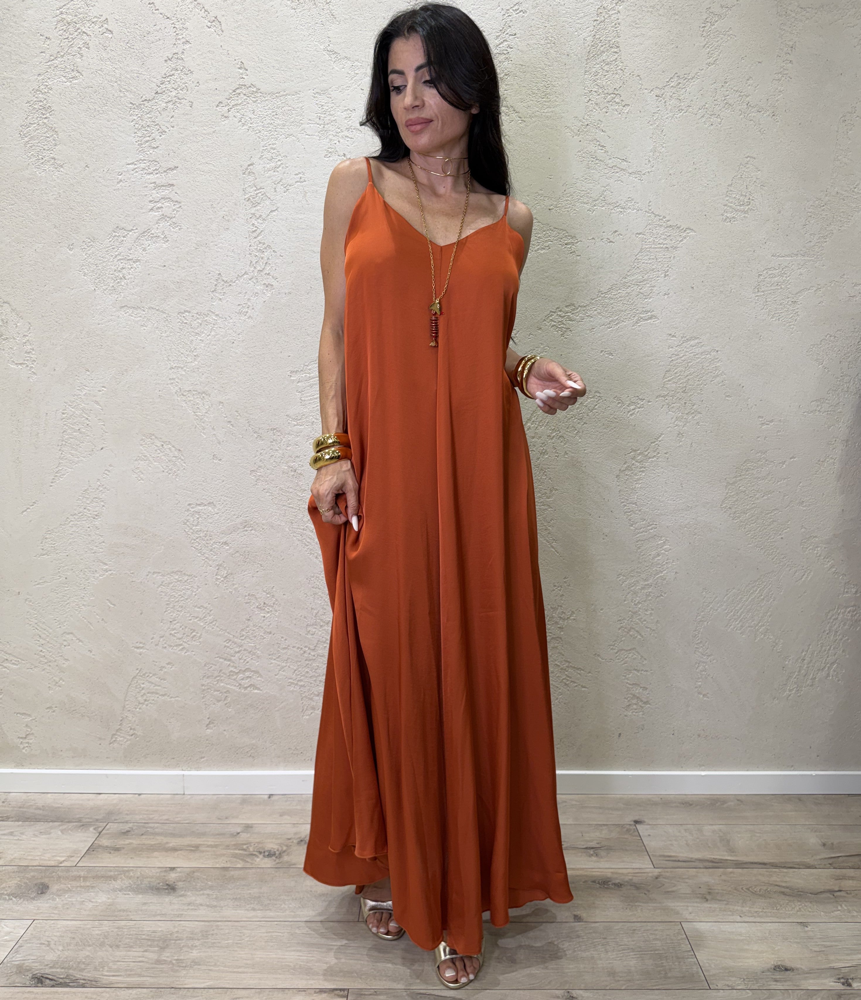 abito svasato in satin scollo a v TAB2587 PAPAYA VICOLO