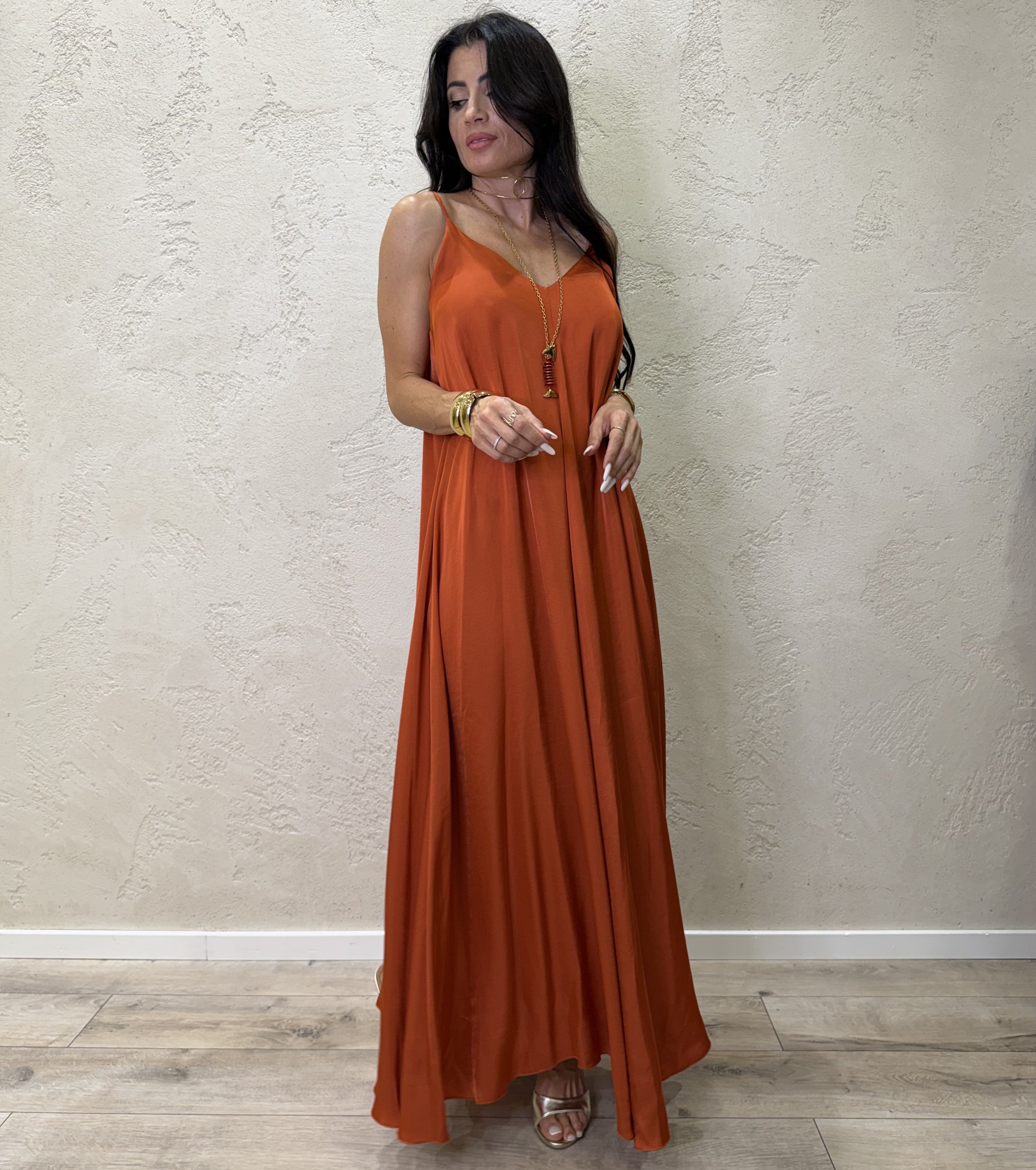 abito svasato in satin scollo a v TAB2587 PAPAYA VICOLO