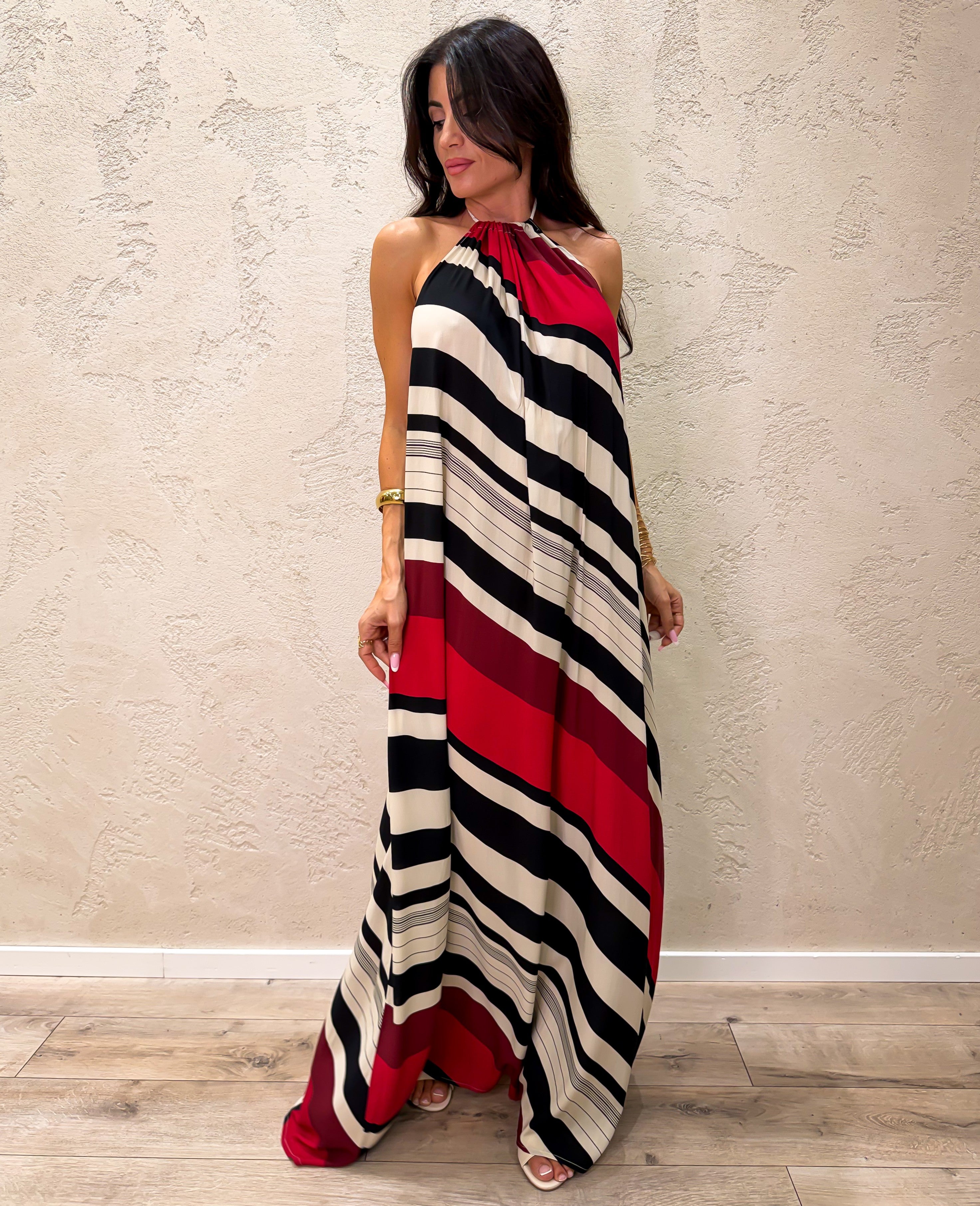 abito lungo con scollo all'americana in fantasia righe TAB2971 ROSSO/NERO/BURRO VICOLO