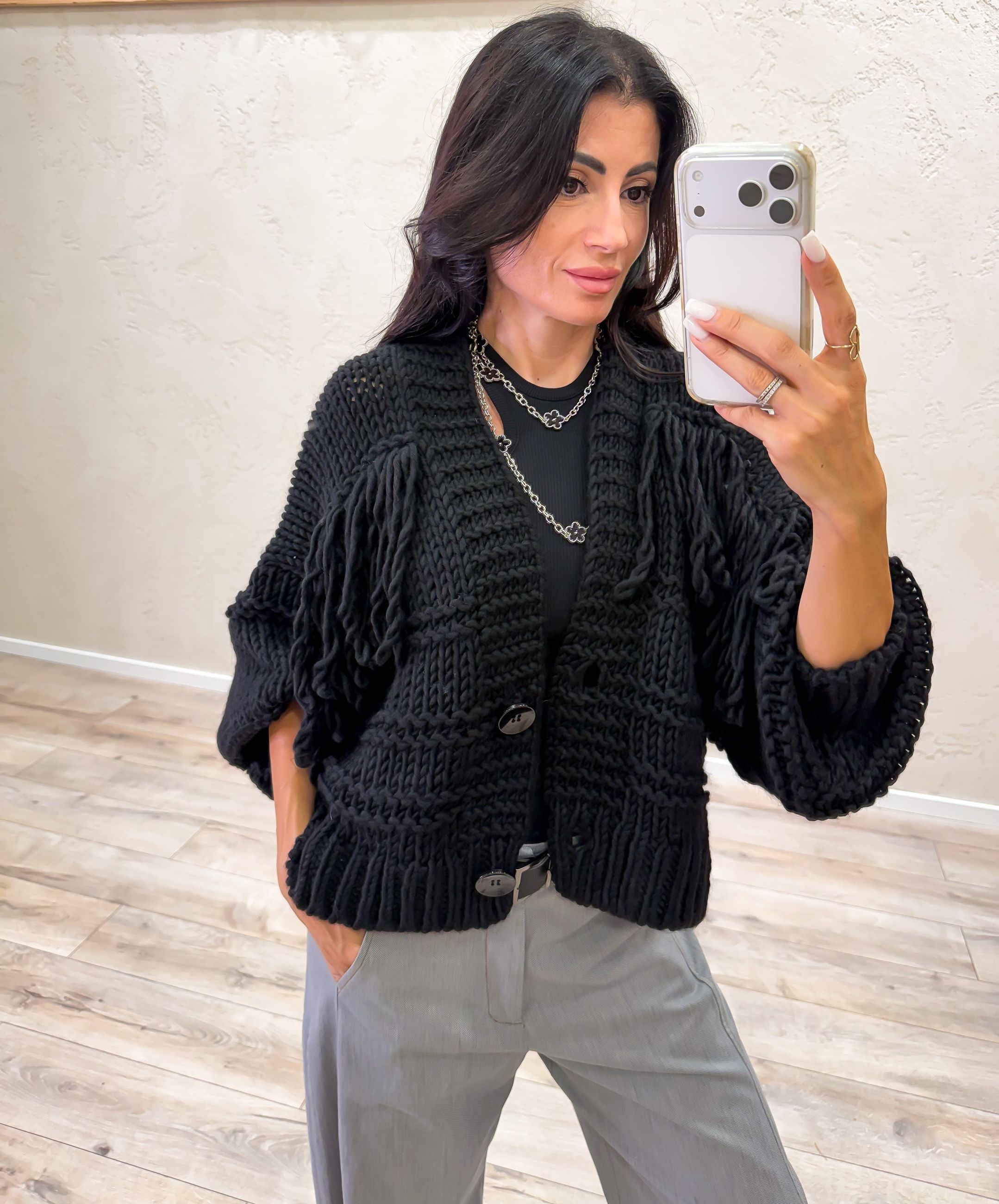 Cardigan in misto lana con frange