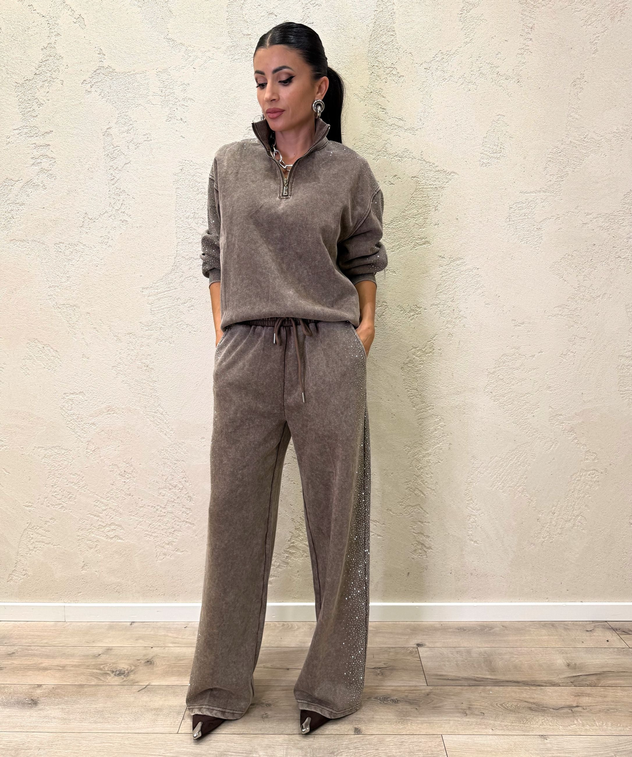 Felpa Dusty Shine mezza zip con strass