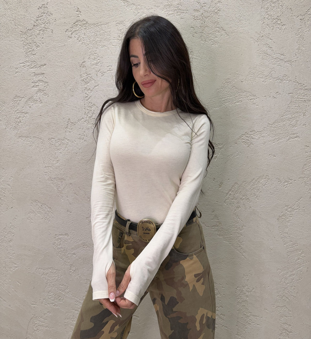 Maglia girocollo in misto lana con manicotto