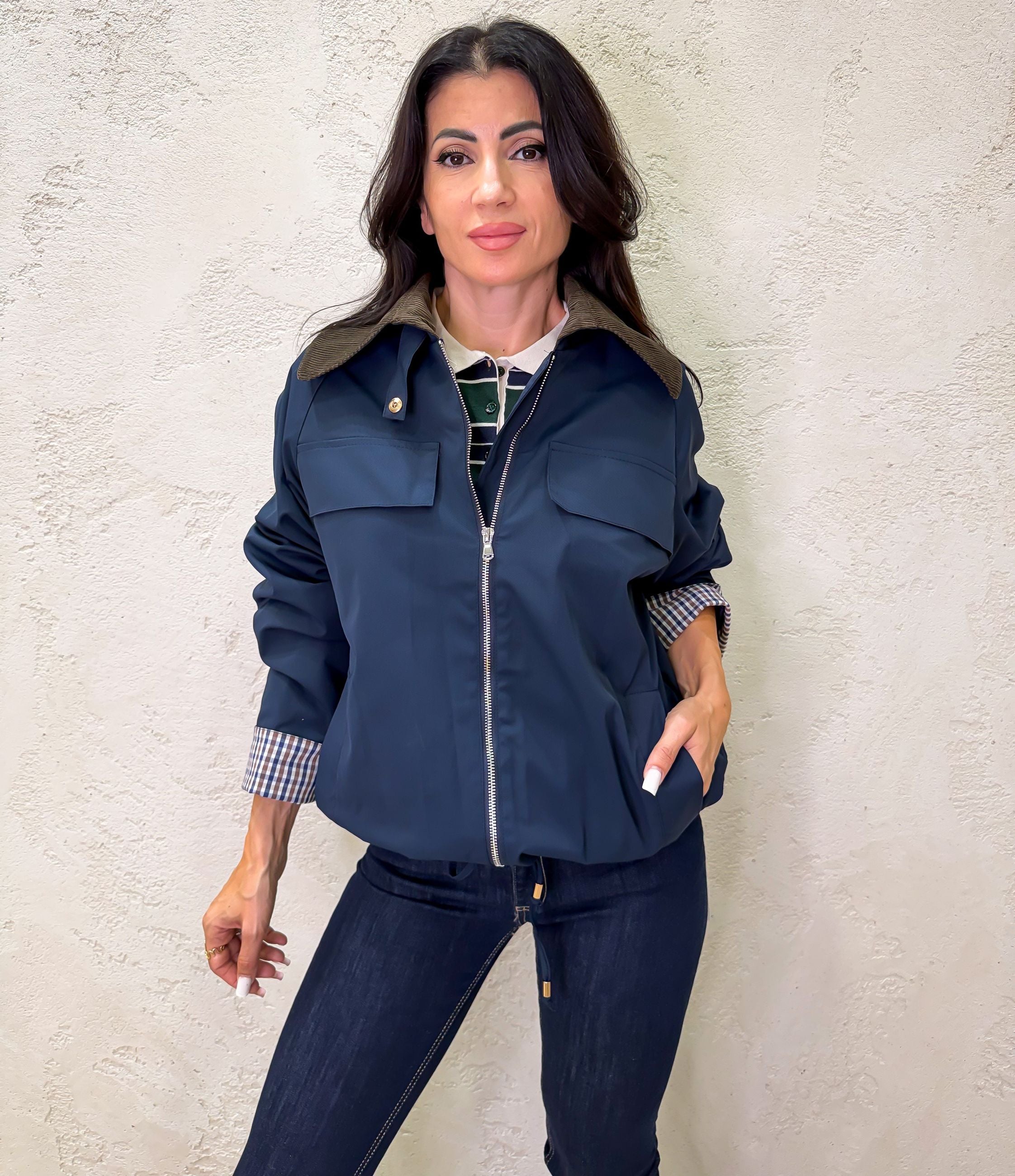 Trench a bomber con colletto in velluto a costine