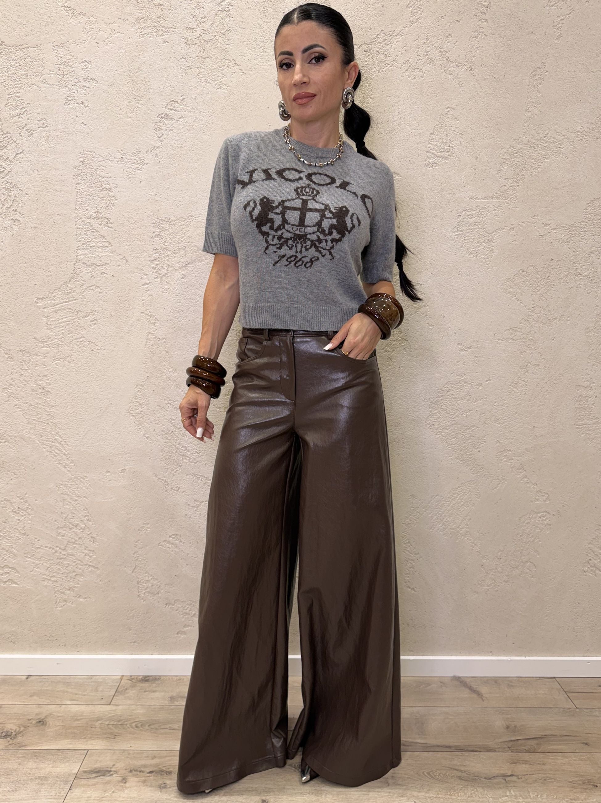 Pantalone a palazzo in ecopelle