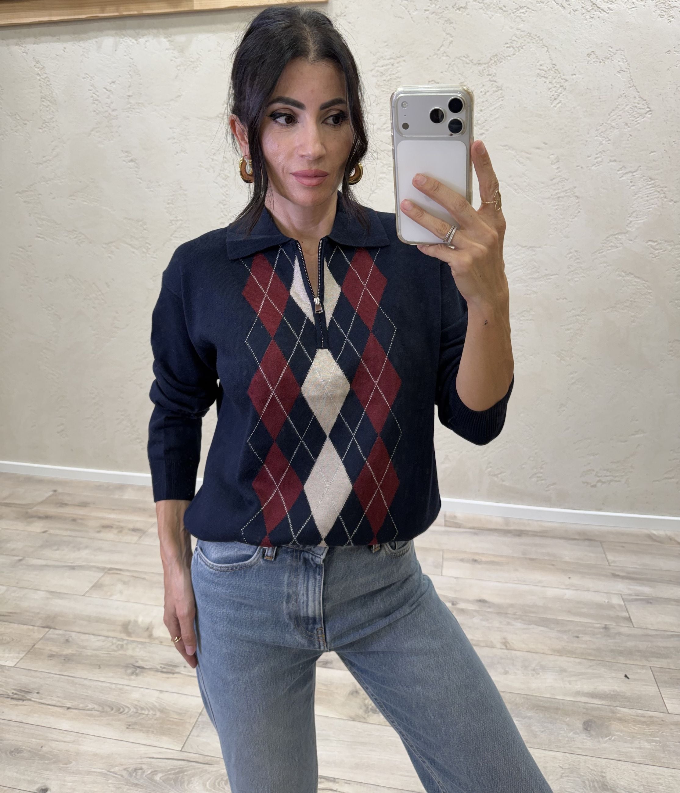 Maglia a polo in misto lana merino fantasia argyle