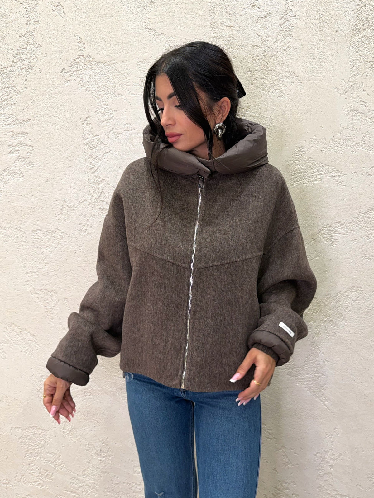 Cappotto in misto lana con cappuccio imbottito rimovibile