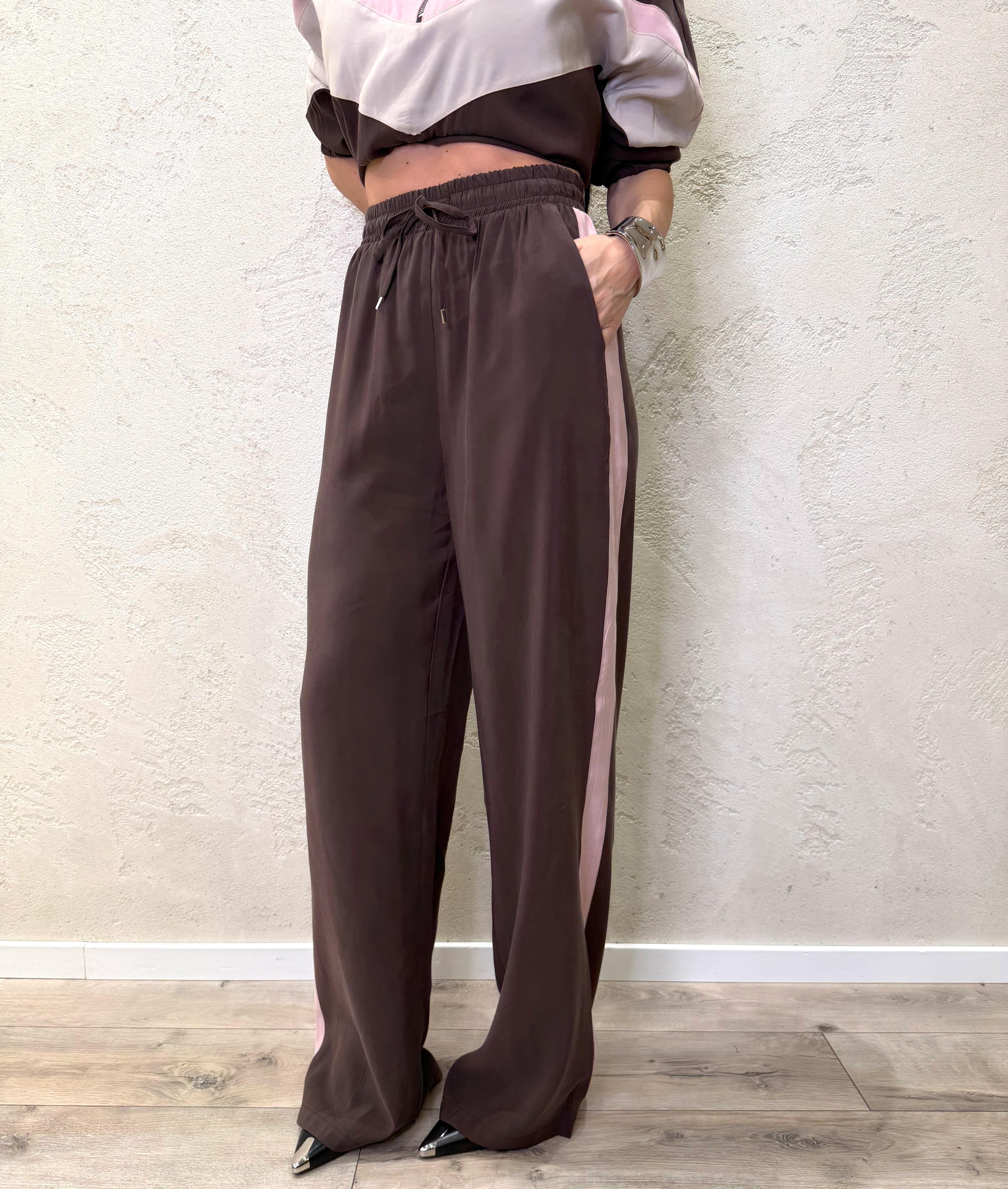 pantaloni laurent modello a palazzo tessuto cupro 26P4584 MORO/ROSA TENSIONE IN