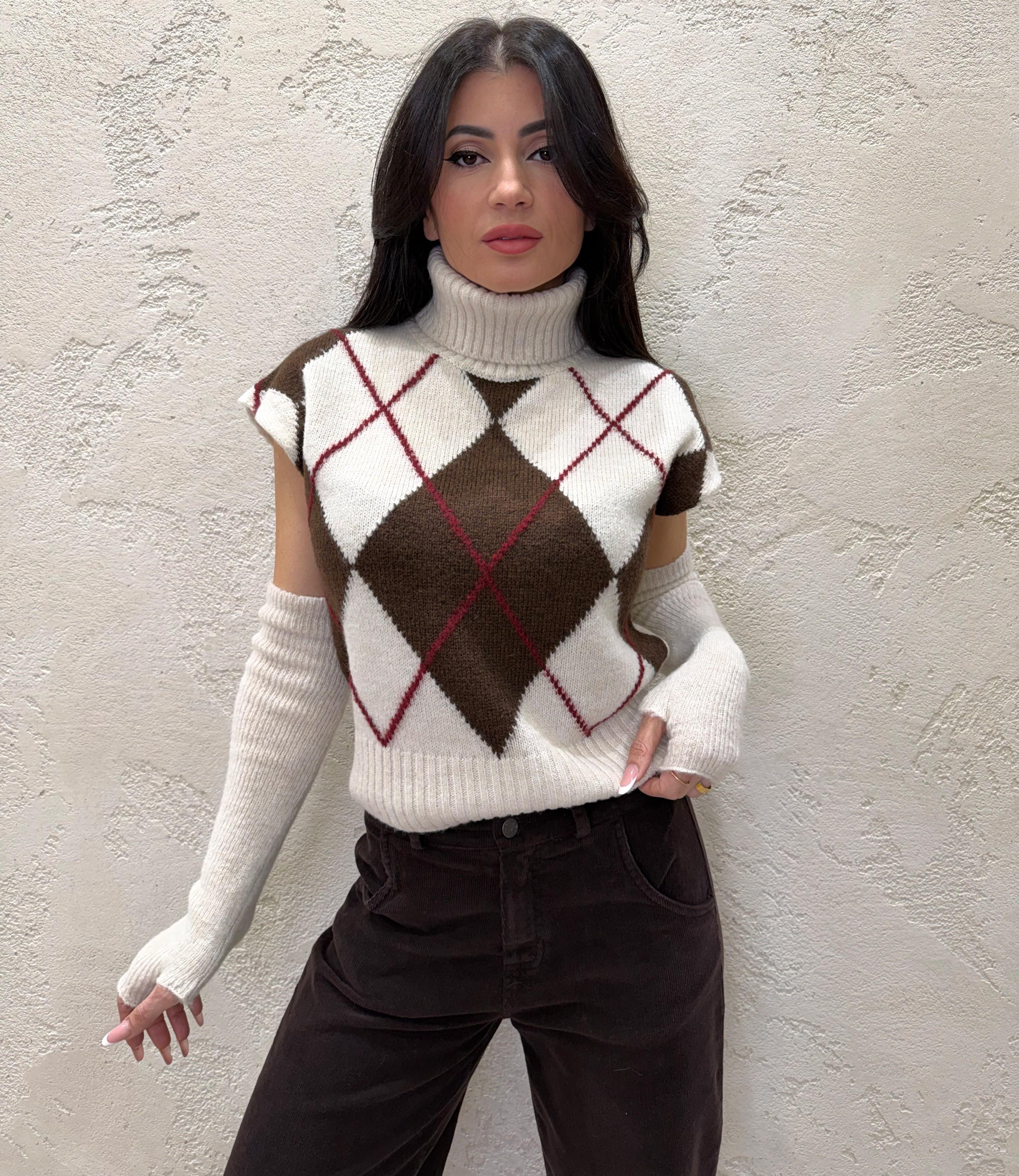 gilet in maglia con manicotti in fantasia rombi W5HMT37A373 BORDEAUX TENSIONE IN