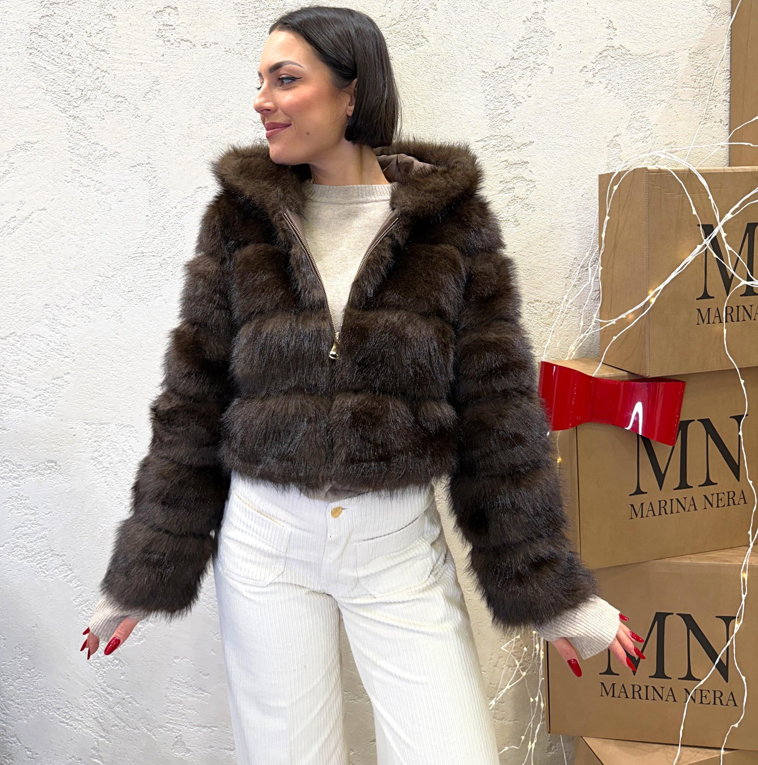 pelliccia corta con inserti ecopelle PCAPZIP MORO ELEVI