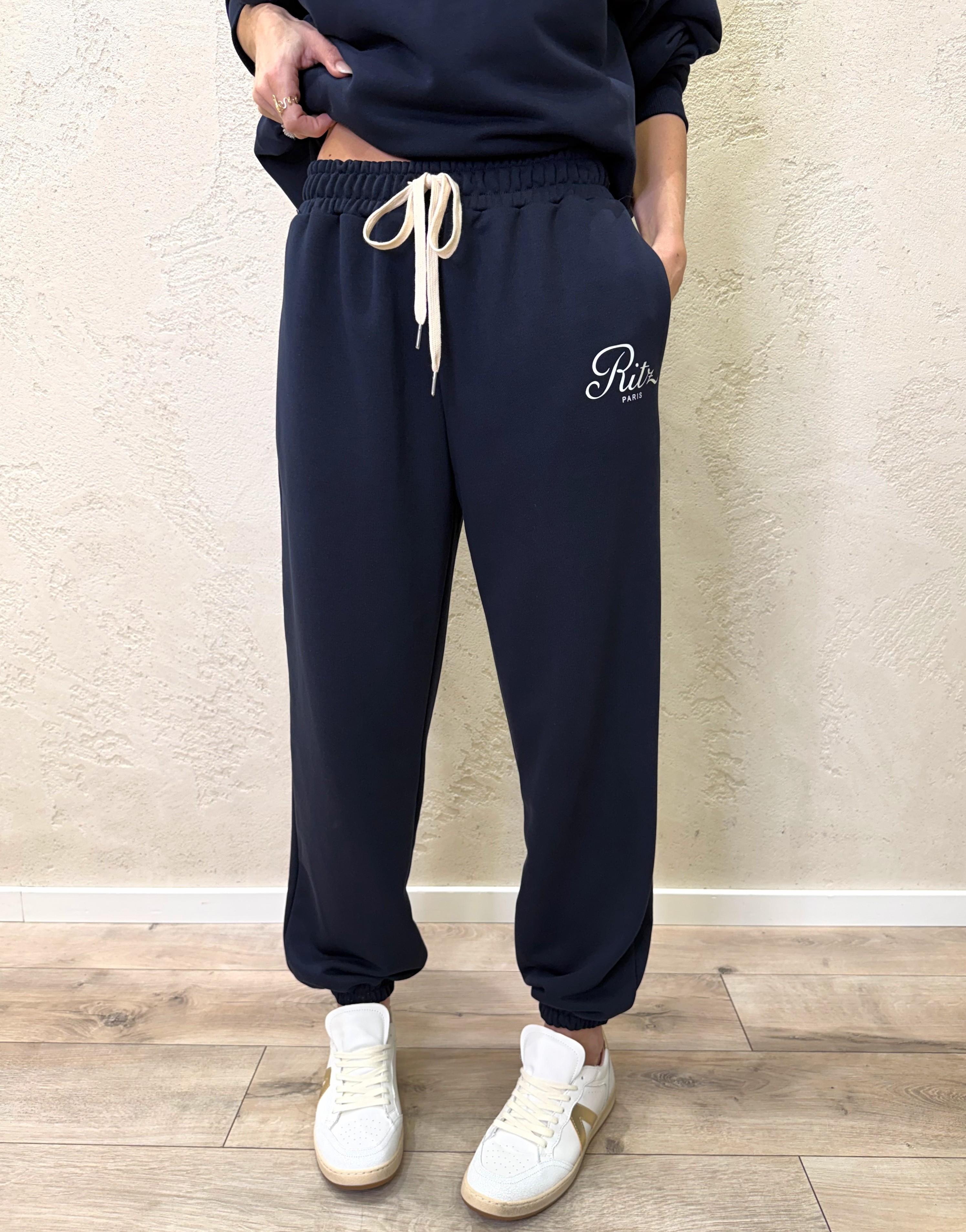 pantaloni di tuta garzata con stampa e polsini sul fondo 26P3971 BLU/PANNA TENSIONE IN