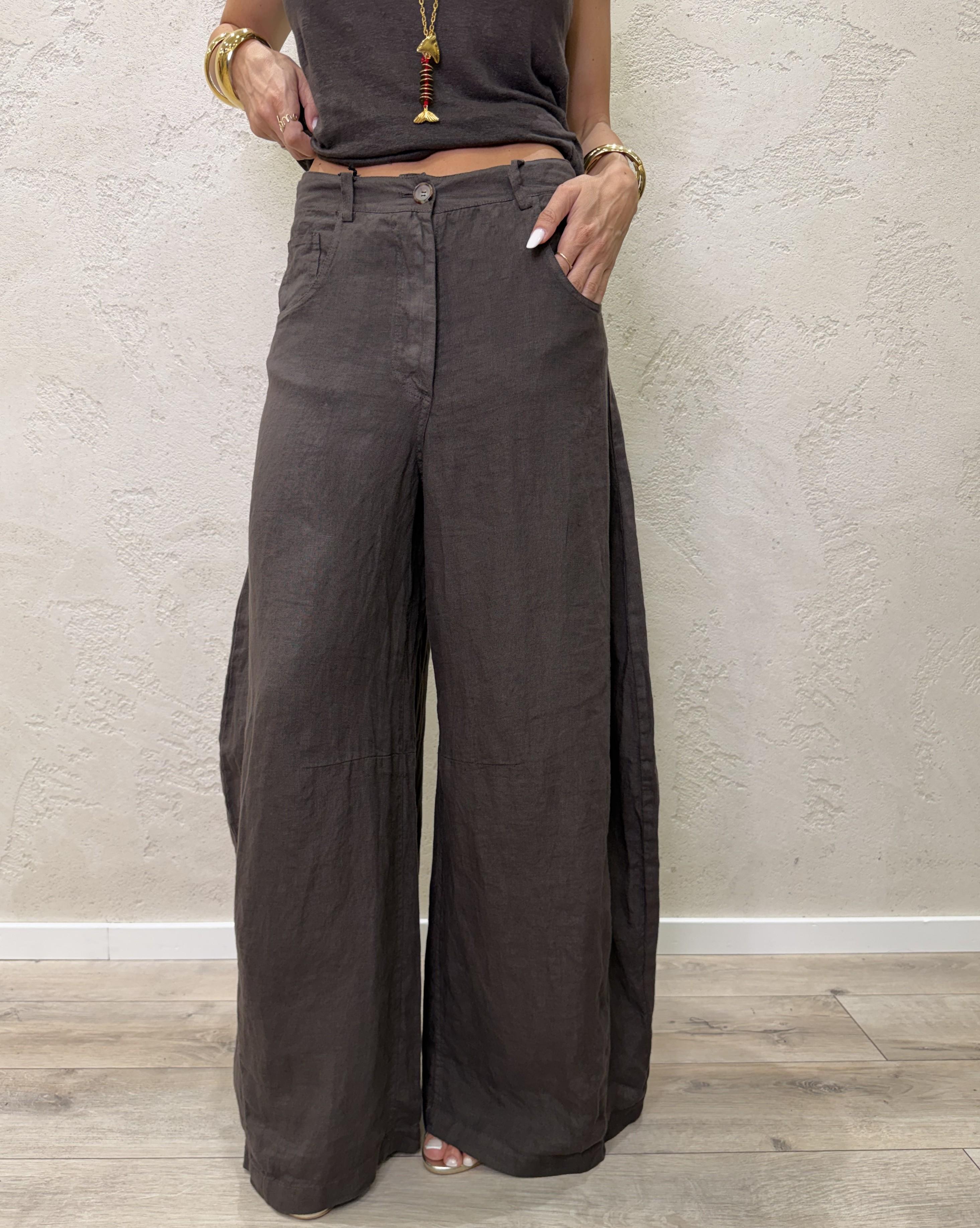 pantalone in puro lino modello luvre barrel fit S26PE64 MORO TENSIONE IN